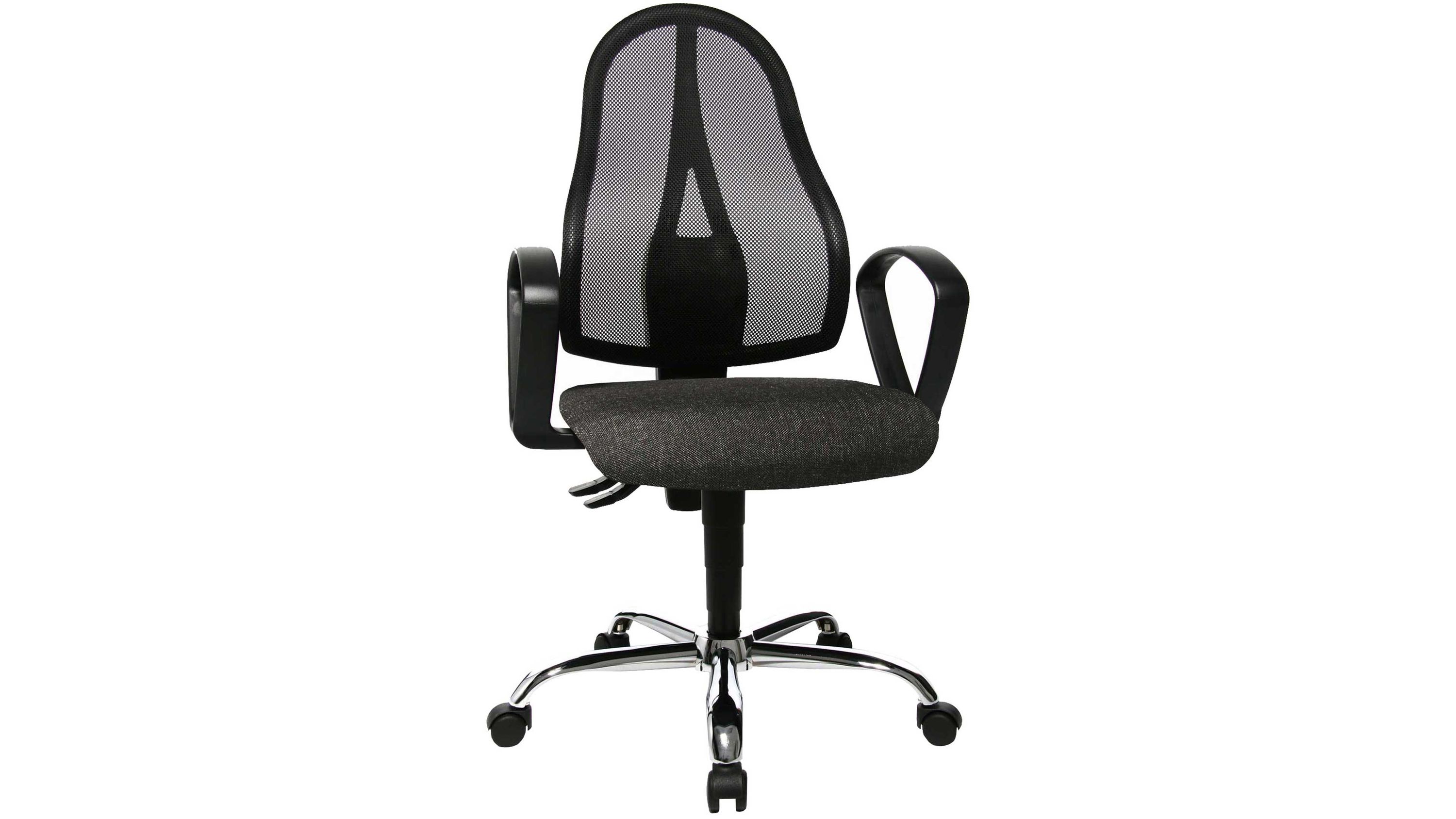Ergonomischer Drehstuhl mit anthrazitfarbenem Sitz schwarzer Netzrückenlehne und verchromtem Drehkreuz