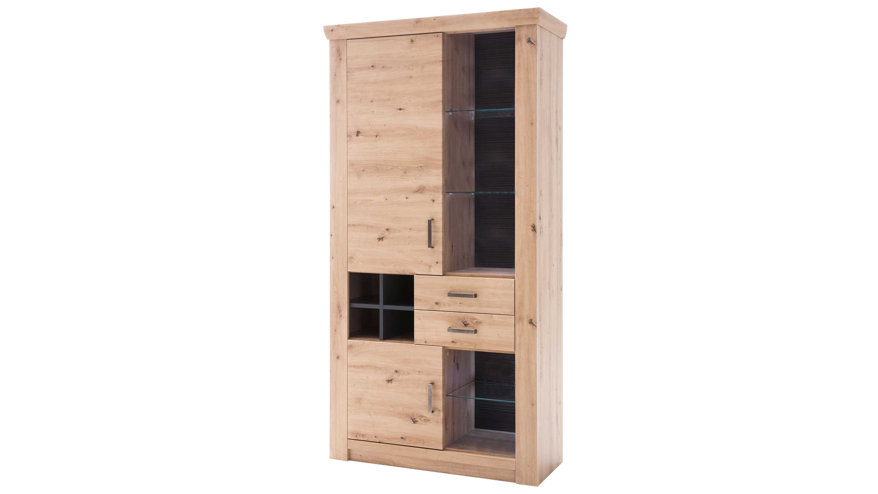 Vitrine mit zwei Türen zwei Schubladen offenen Fächern und Glasböden in Holz- und dunkler Farbe