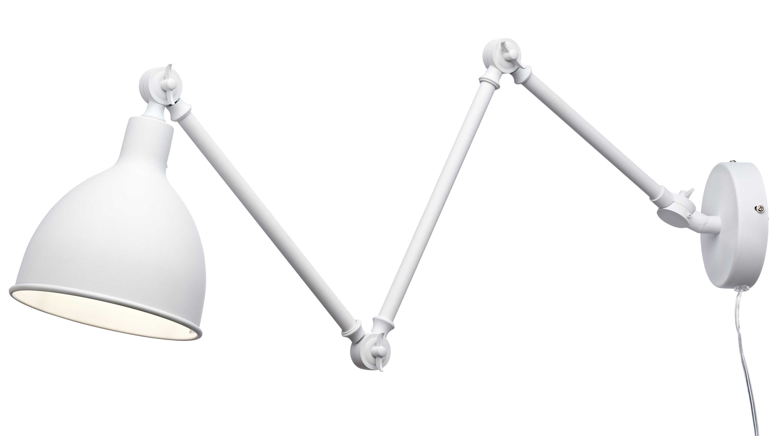 Wandleuchte mit verstellbarem Arm in Weiß Weiße Wandleuchte mit verstellbarem Arm und rundem Lampenschirm