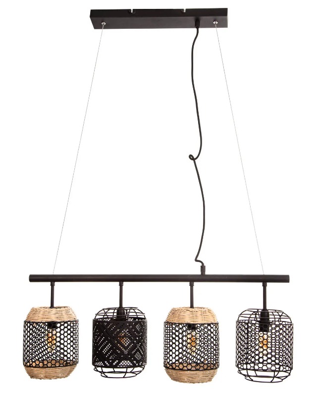 Nino Leuchten Pendelleuchte Metall Grasgeflecht 74x15x150?cm höhenverstellbar Pendelleuchte mit vier Grasgeflecht-Schirmen an Metallstange  höhenverstellbar  freigestellt und schräg fotografiert