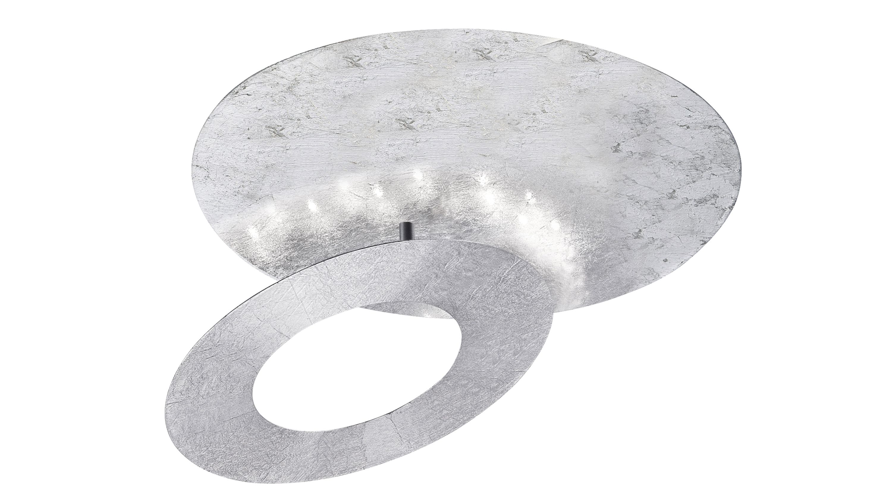 Runde Deckenleuchte mit zwei silberfarbenen gehämmerten Metallringen und integrierten LED-Leuchten