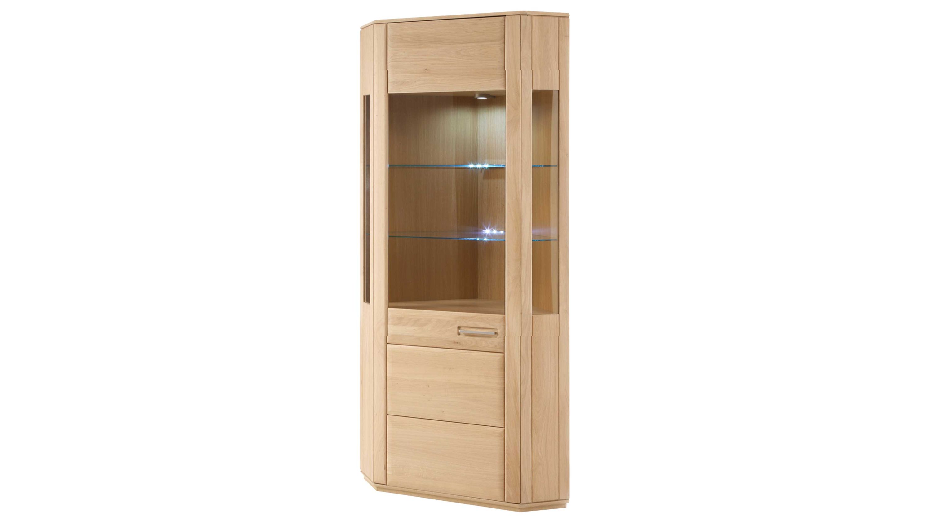 Eckvitrine mit einer Tür zwei Glasböden und Beleuchtung Holz hell naturfarben