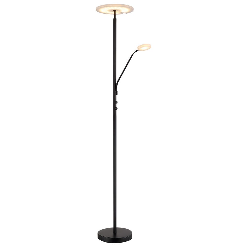 Schwarze Stehleuchte mit Deckenfluter und verstellbarem Lesearm Moderne schwarze Stehleuchte mit Deckenfluter separatem verstellbarem Lesearm 2-flammig dimmbar runder Standfuß frontal