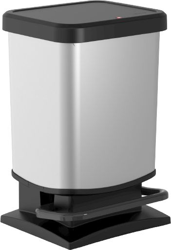 Rechteckiger Treteimer mit schwarzem Deckel Rechteckiger Treteimer mit schwarzem Deckel und silberner Oberfläche