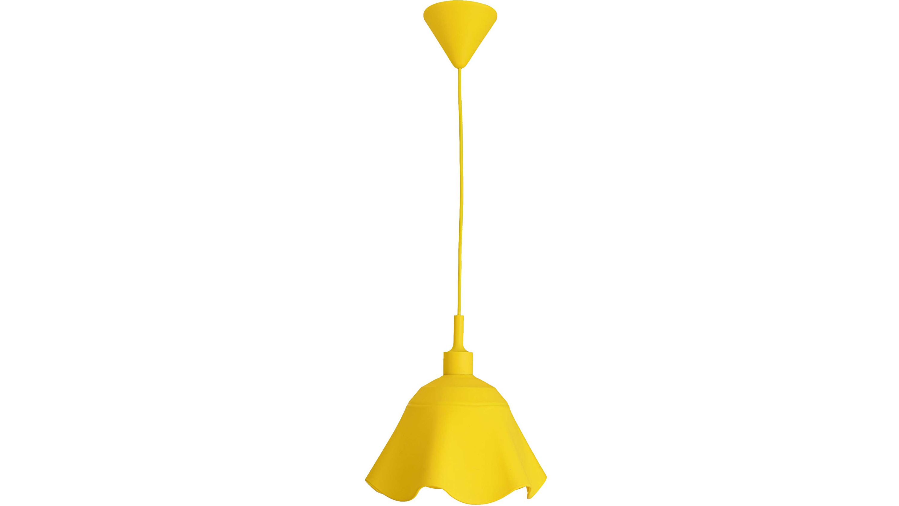 Pendelleuchte mit wellenförmigem Lampenschirm in zitronengelber Farbe