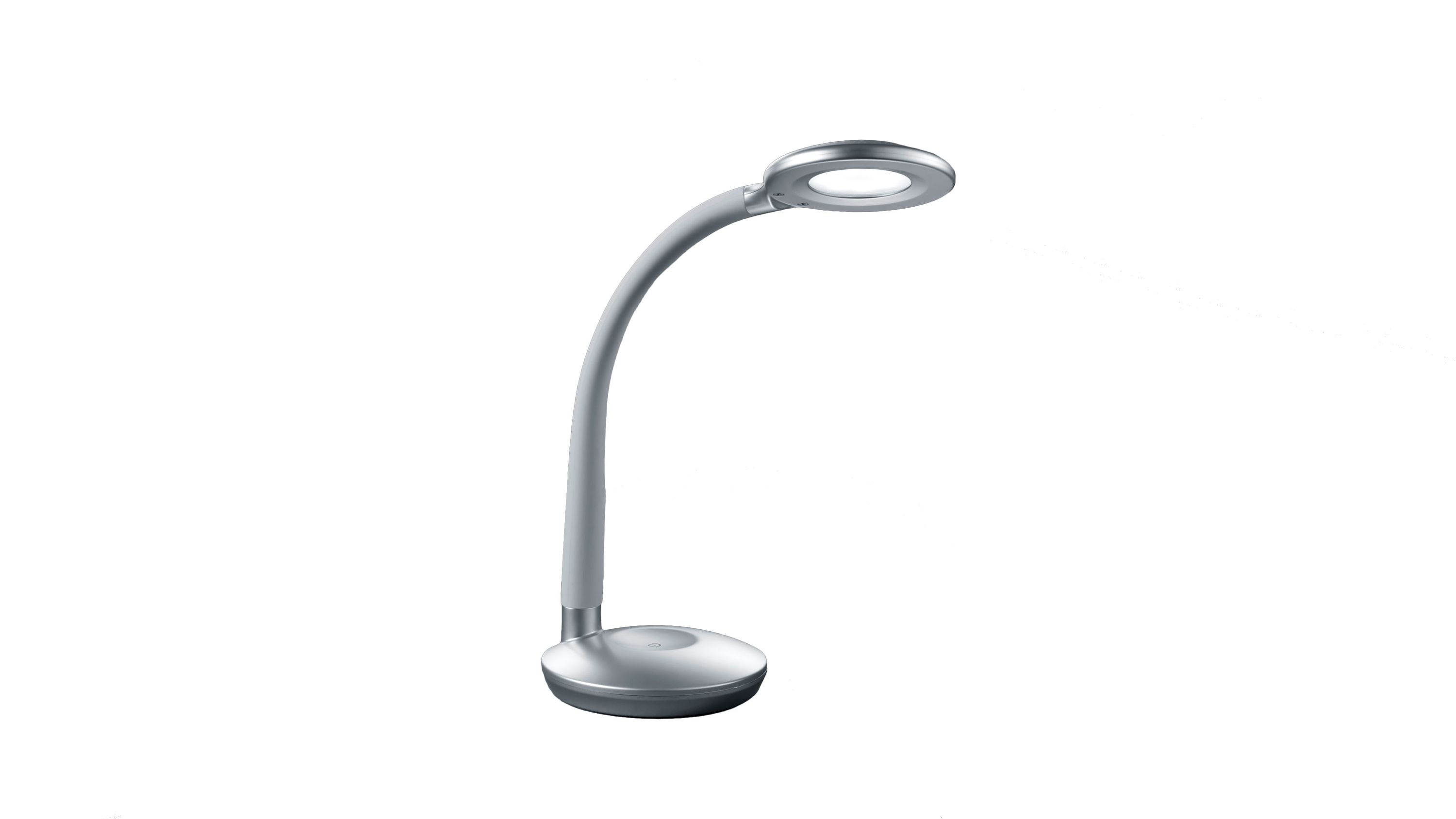 LED Tischleuchte mit gebogenem Arm und rundem Leuchtkopf Tischleuchte mit gebogenem Arm und rundem Leuchtkopf in titanfarbener Farbe