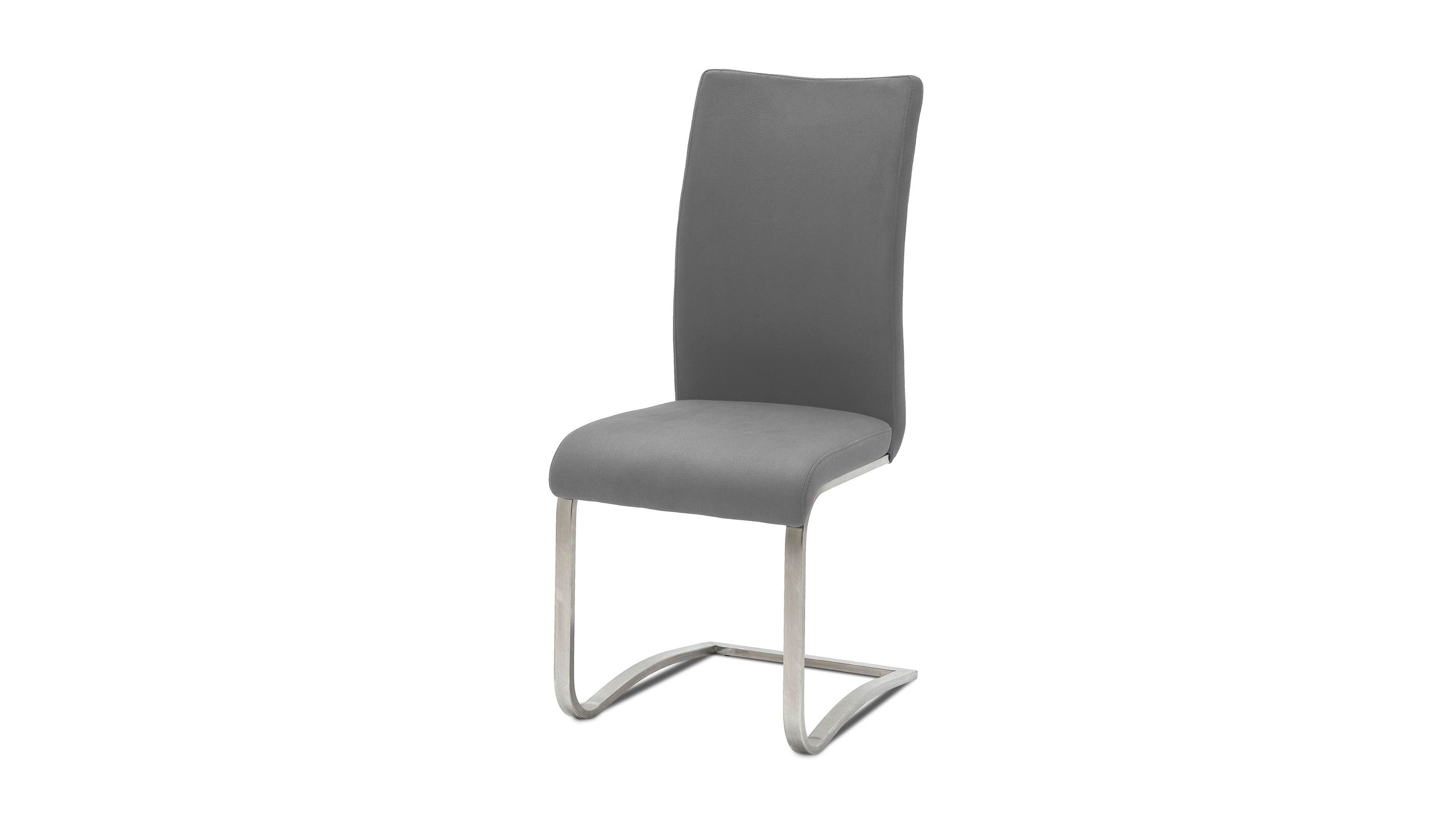 Schwingstuhl mit grauer gepolsterter Rückenlehne und Sitzfläche Metallgestell in gebogener Form