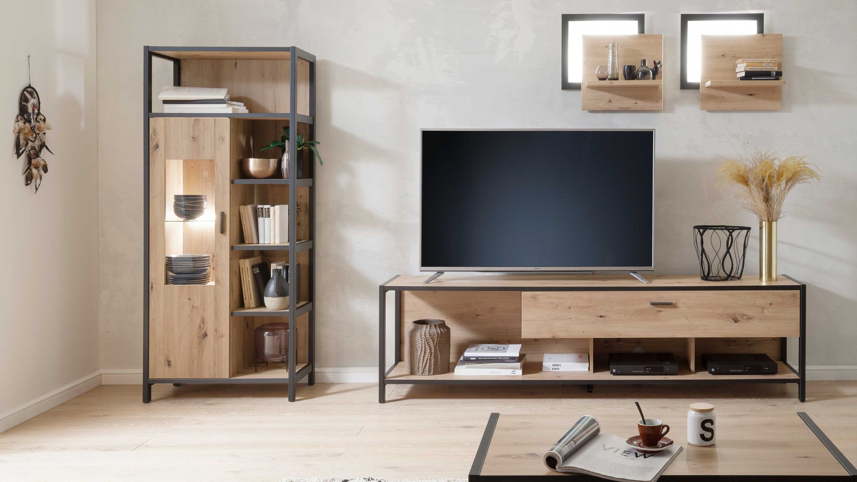 Vierteilige Wohnwand in Balkeneiche und Anthrazit Vierteilige Wohnwand mit Regal Vitrine TV-Board und Wandregalen in Balkeneiche und anthrazitfarbenem Rahmen