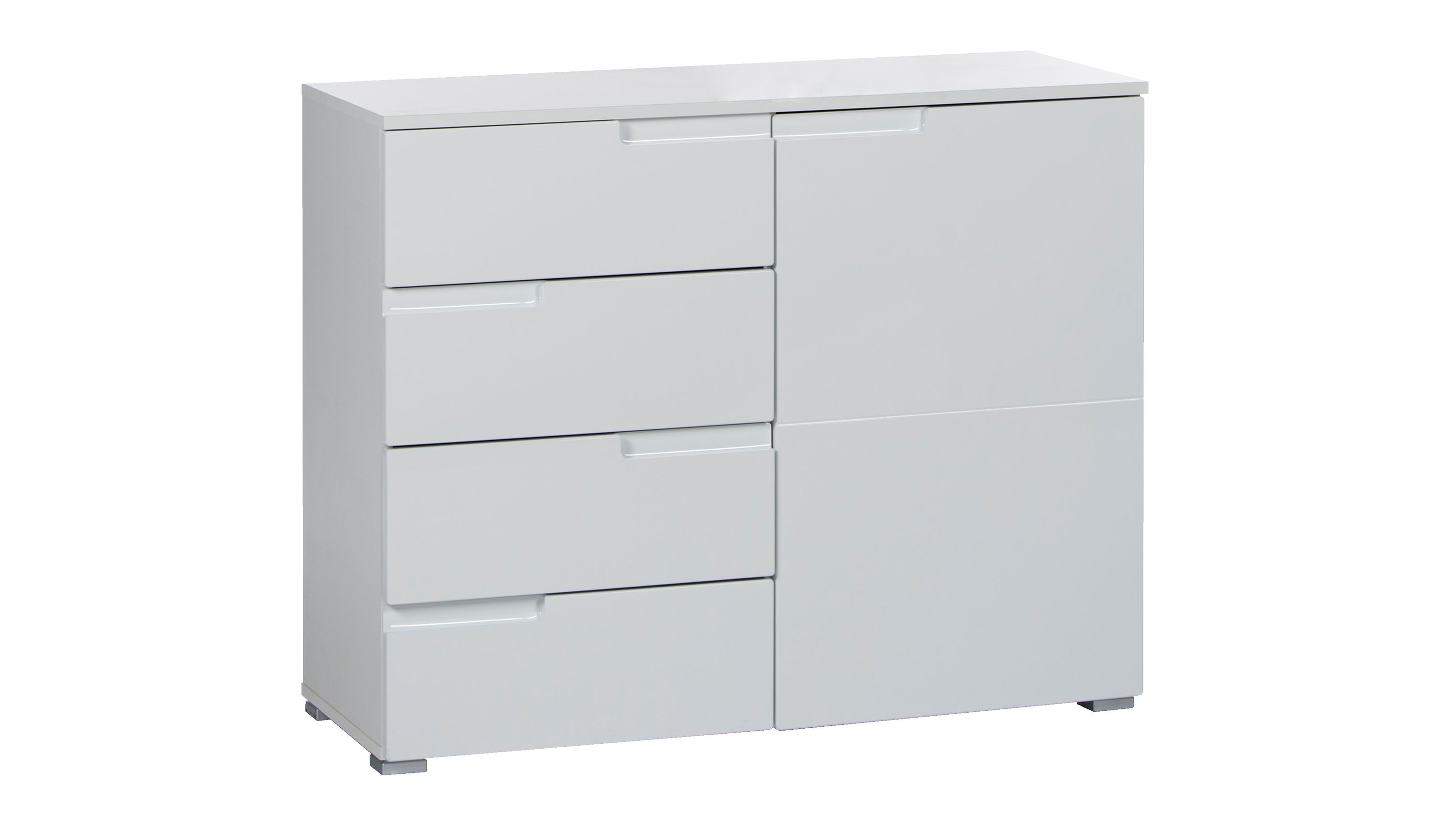 Kombikommode als hochwertiges Sideboard weiße Hochglanzfront & weißer Korpus  vier Schubladen, eine Tür
