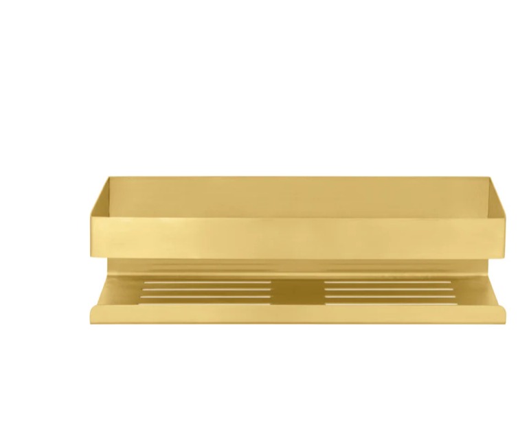 Frontalansicht einer goldfarbenen, mattierten Wandablage aus Metall mit einer Ebene