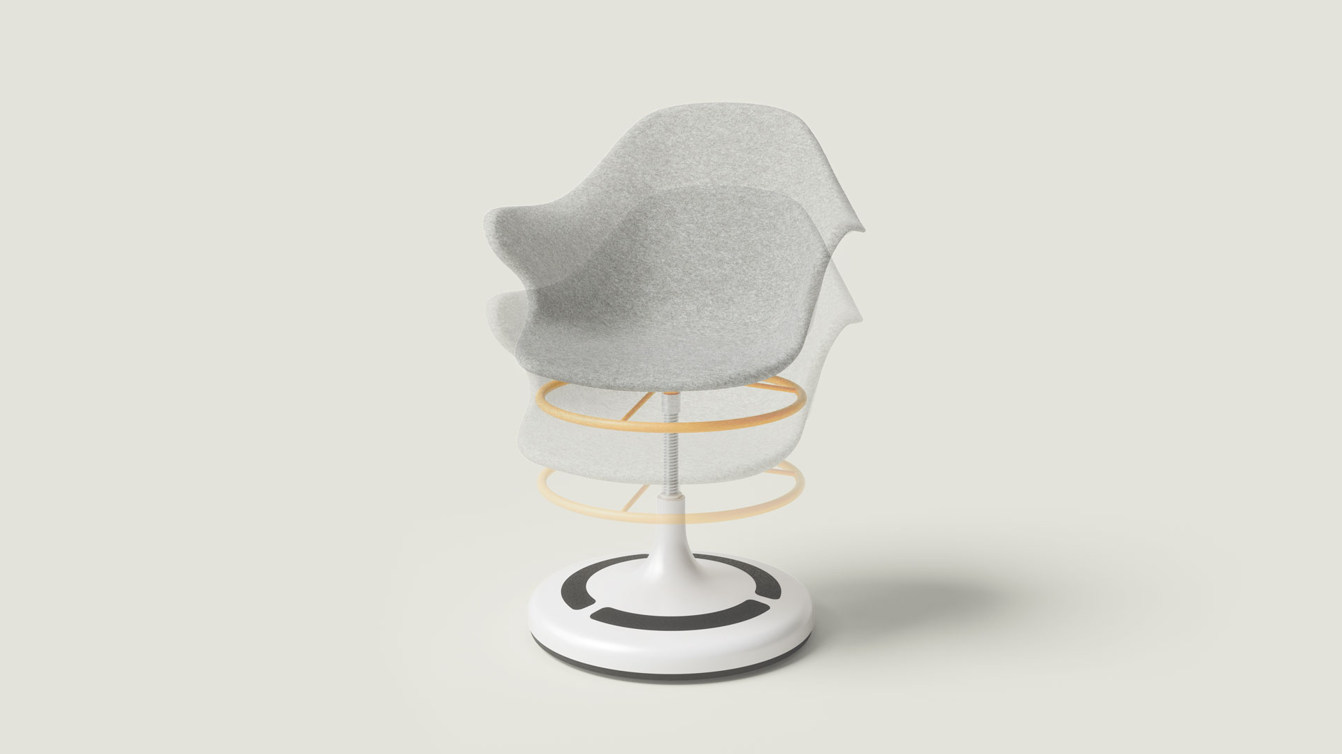 Weißer Drehstuhl mit Armlehnen, goldfarbenen Akzenten und rundem Sockel.