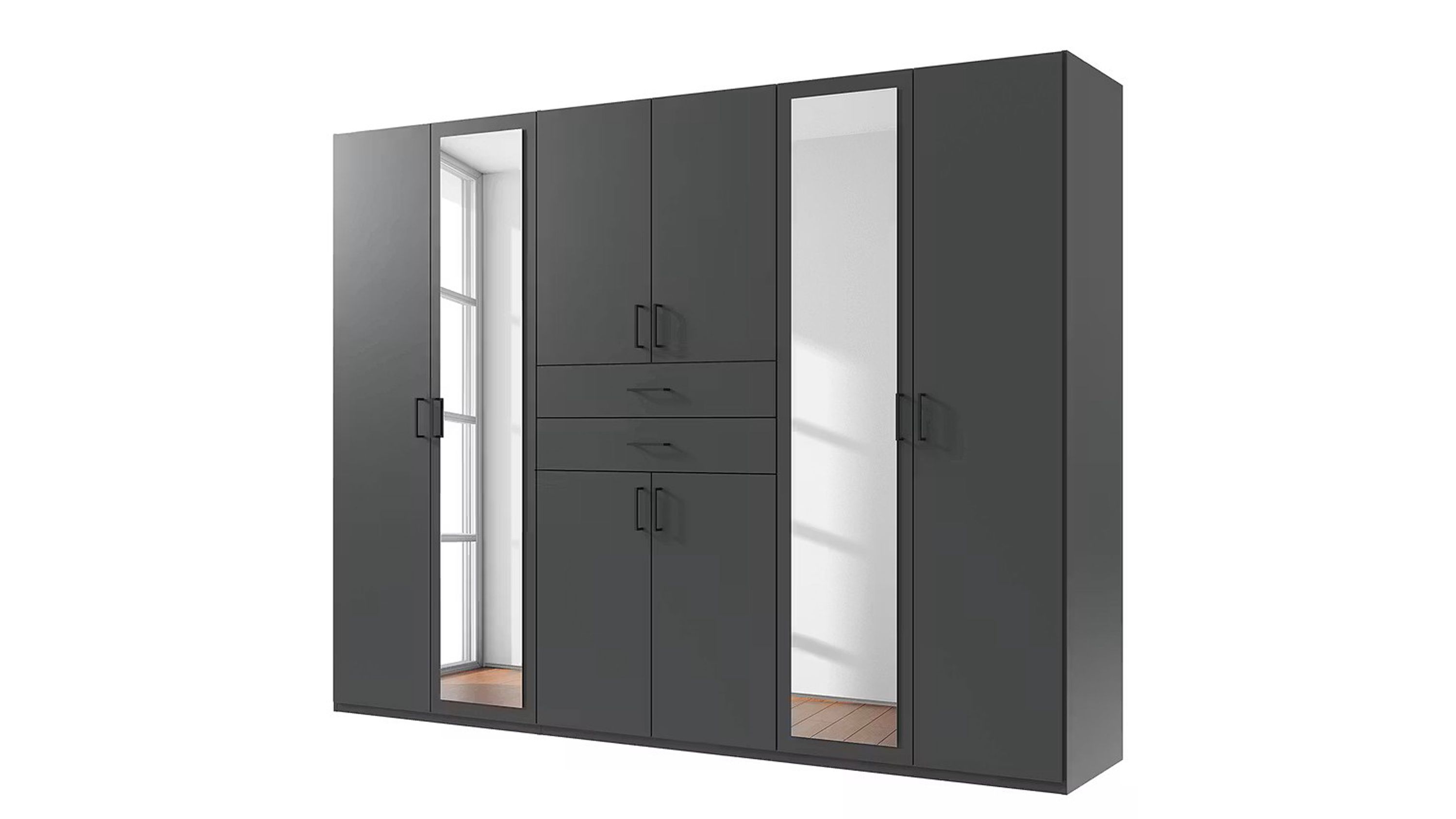 Drehtürenschrank mit Spiegeln in dunkler Farbe Großer Drehtürenschrank in dunkler Farbe mit zwei Spiegeln und mehreren Türen und Schubladen