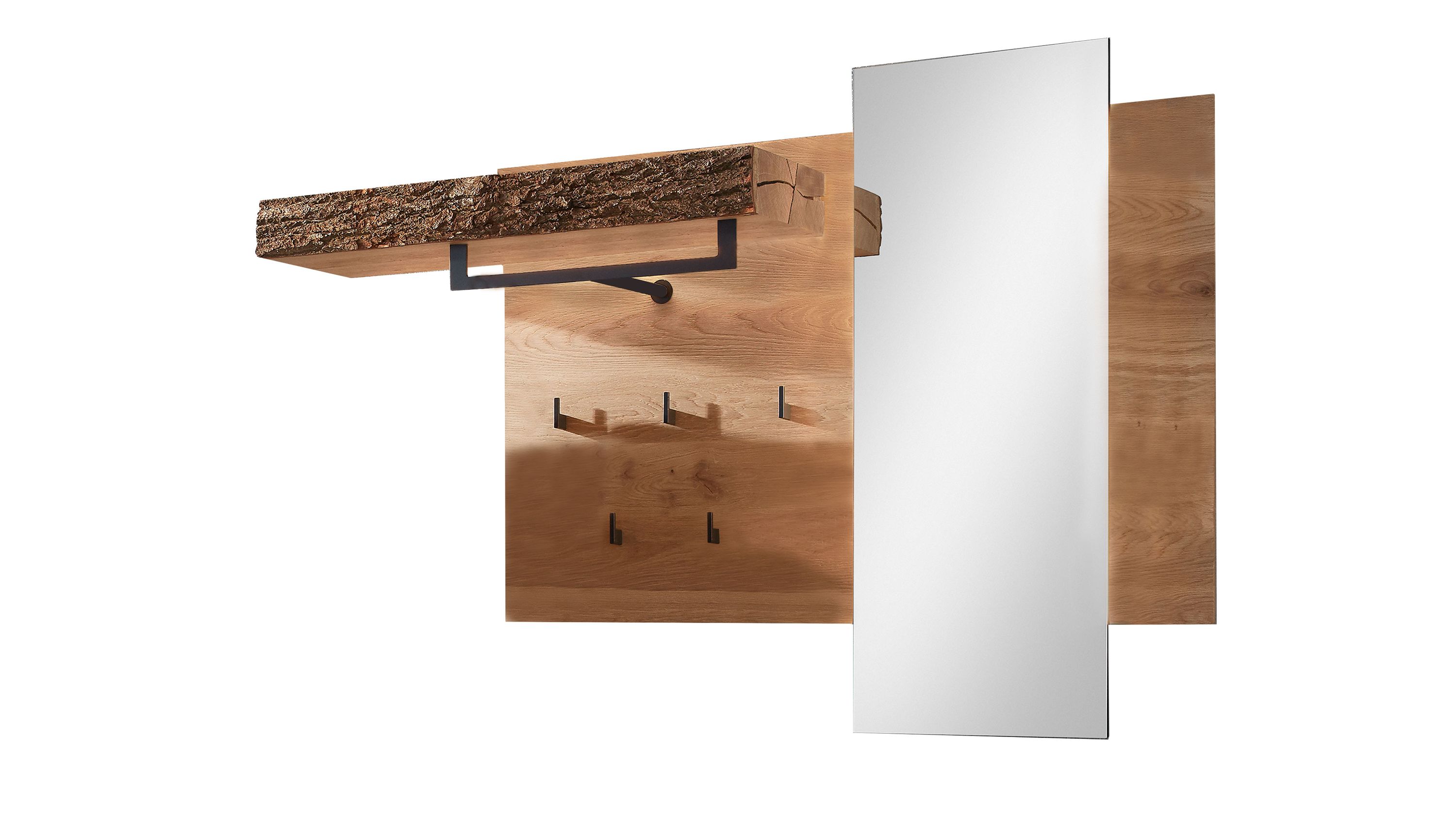 Wandgarderobe mit rechteckigem Spiegel Holzrückwand und Ablage mit sichtbarer Rinde anthrazitfarbene Haken