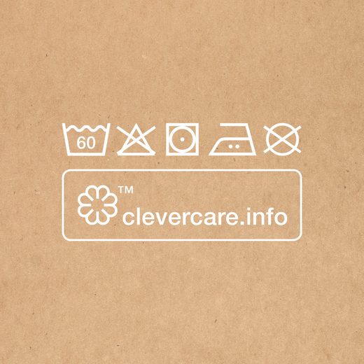 Wasch-, Bleich-, Trocken-, Bügel- und Reinigungs-Symbole auf braunem Hintergrund, unten „clevercare.info“