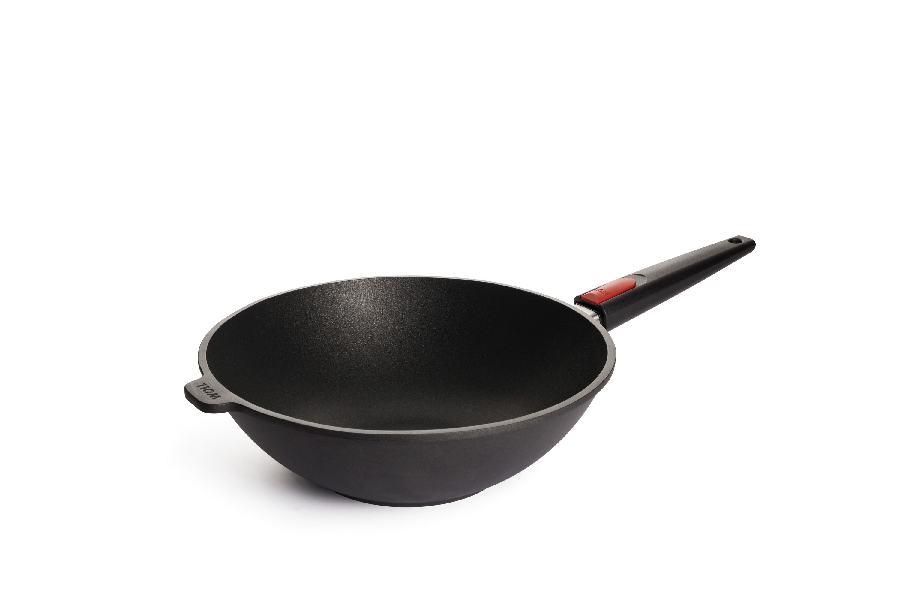Offener schwarzer Wok ohne Deckel mit seitlichem Griff und abnehmbarem Stielgriff mit rotem Druckknopf.