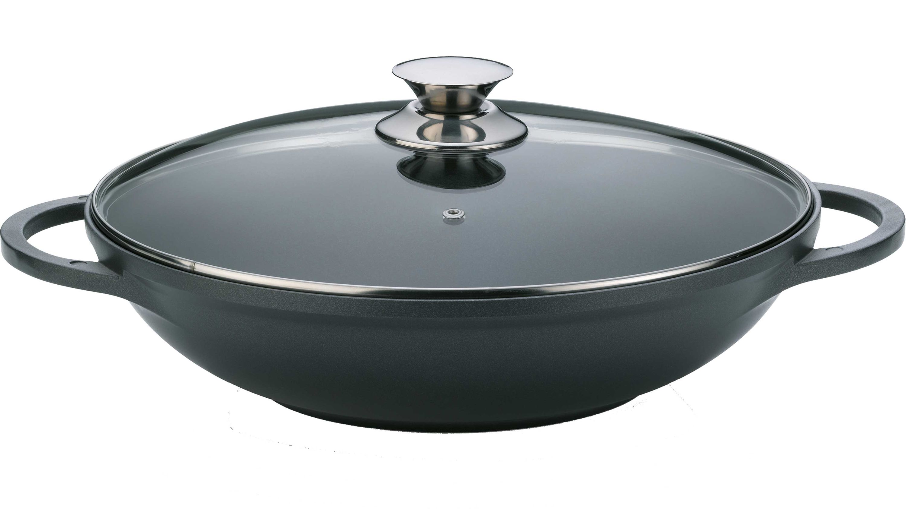 Runder schwarzer Wok mit zwei Griffen und transparentem Glasdeckel mit Metallknauf