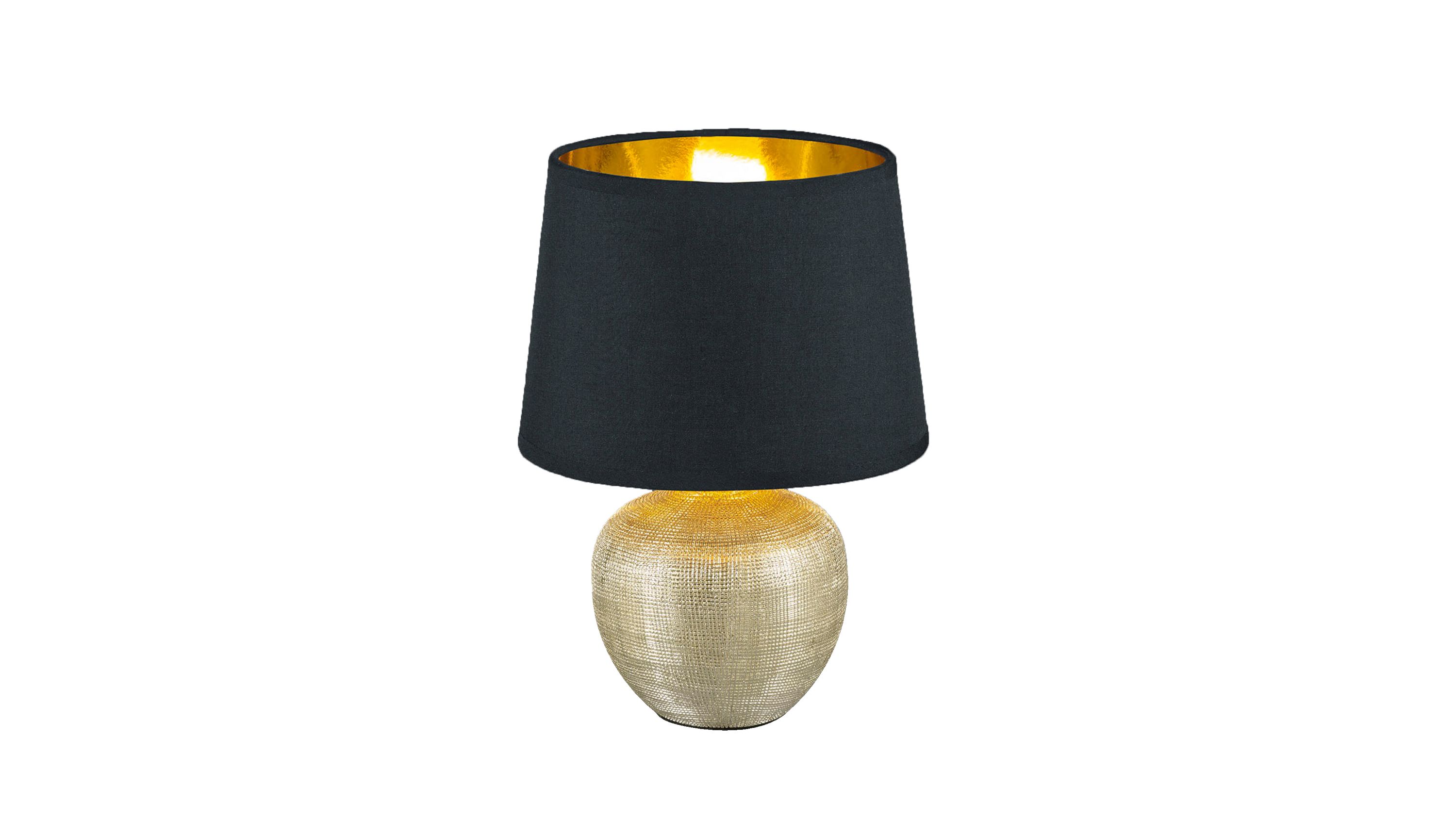 Tischlampe mit goldfarbenem Sockel und schwarzem Schirm Tischlampe mit rundem goldfarbenem Sockel und schwarzem Lampenschirm