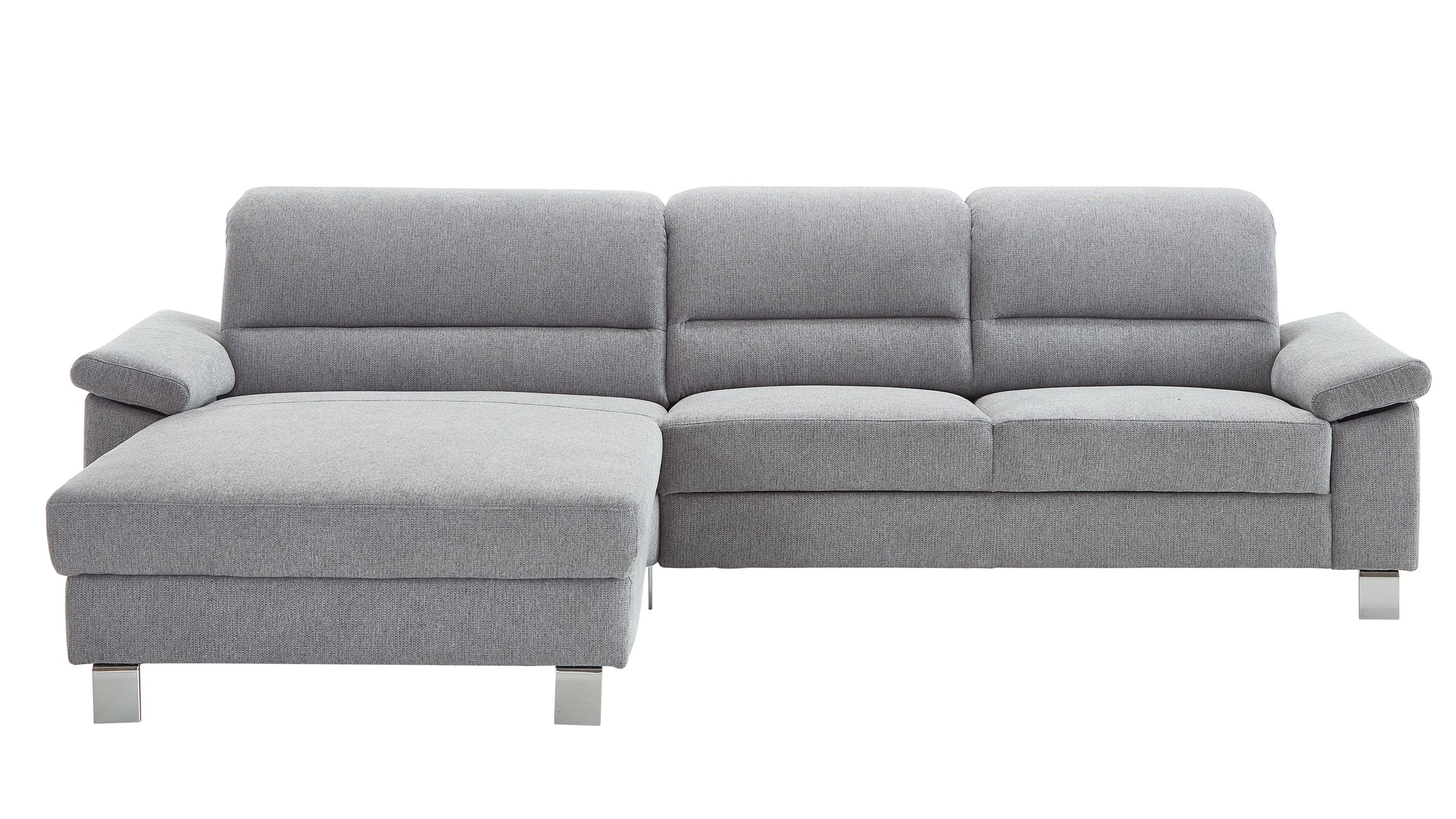 Ecksofa mit grauem Stoffbezug und Liegefläche links Ecksofa mit drei Rückenlehnen und linksseitiger Liegefläche in grauem Stoffbezug