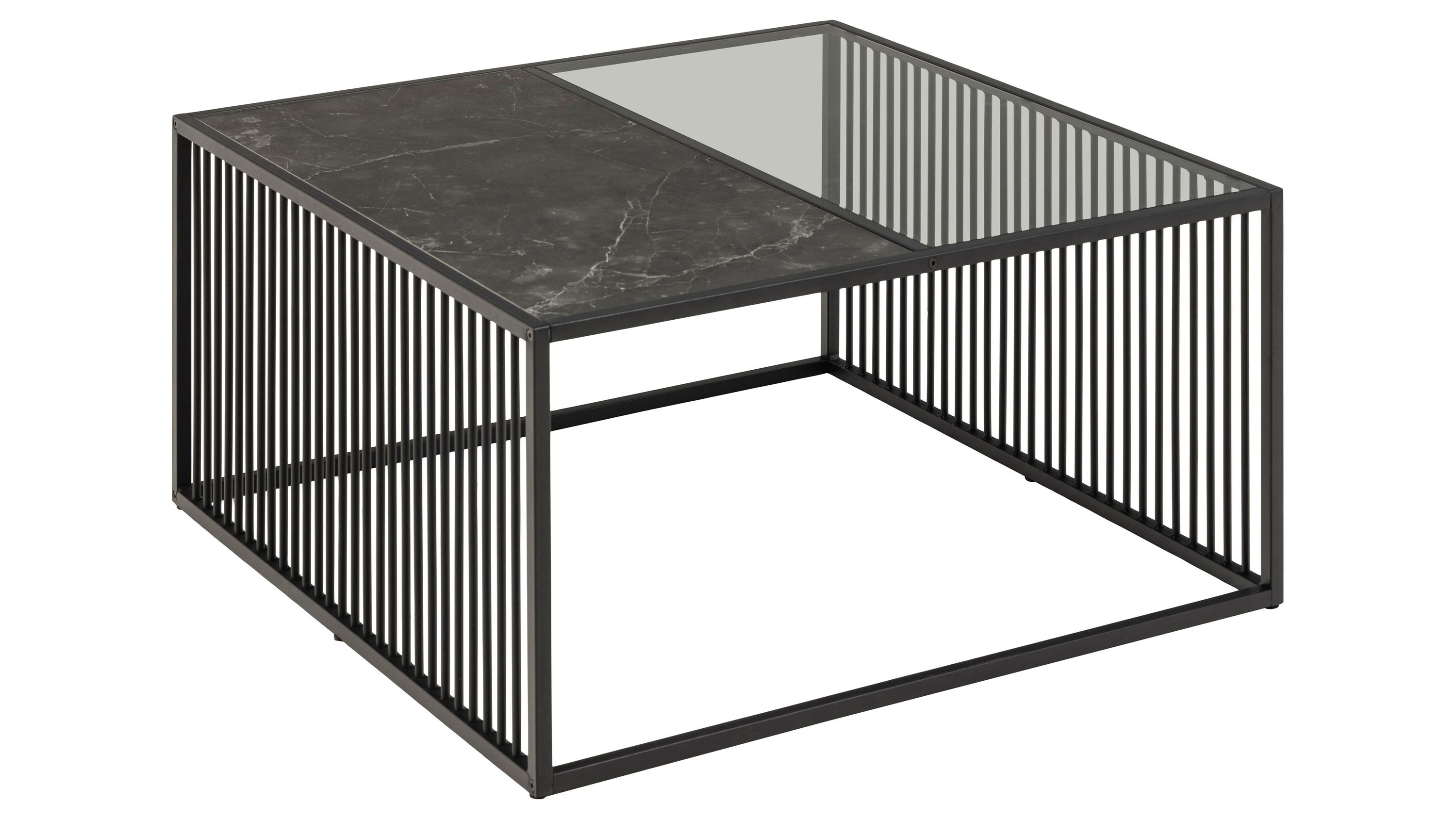 Couchtisch Strington rauchfarbenes Glas & schwarze Marmoroptik, schwarzes Metallgestell - ca. 80 x 80 cm