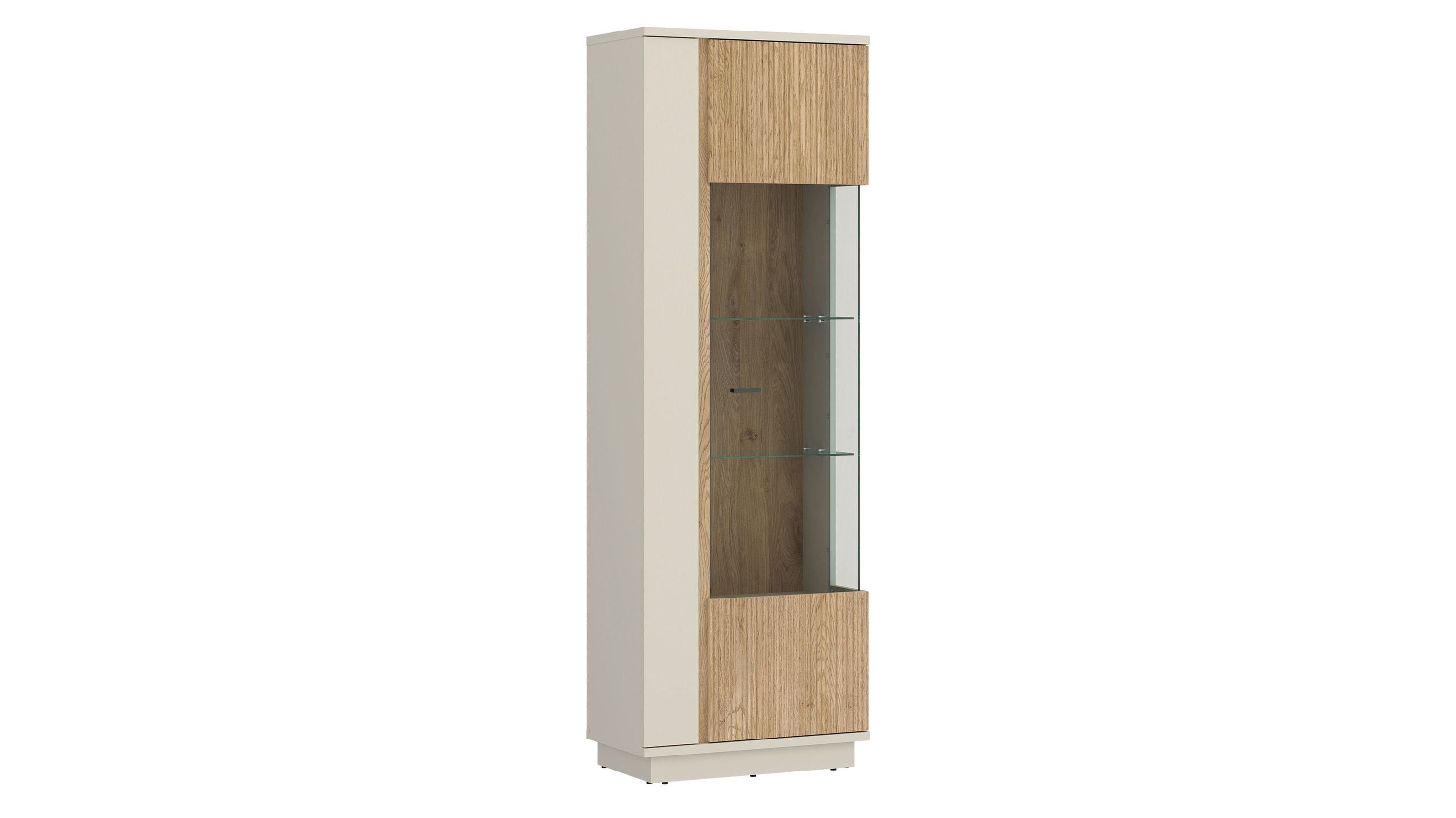 Hohe Vitrine mit zwei Holztüren oben und unten in hellbraun und cremefarbenem Korpus mit Glasfach dazwischen