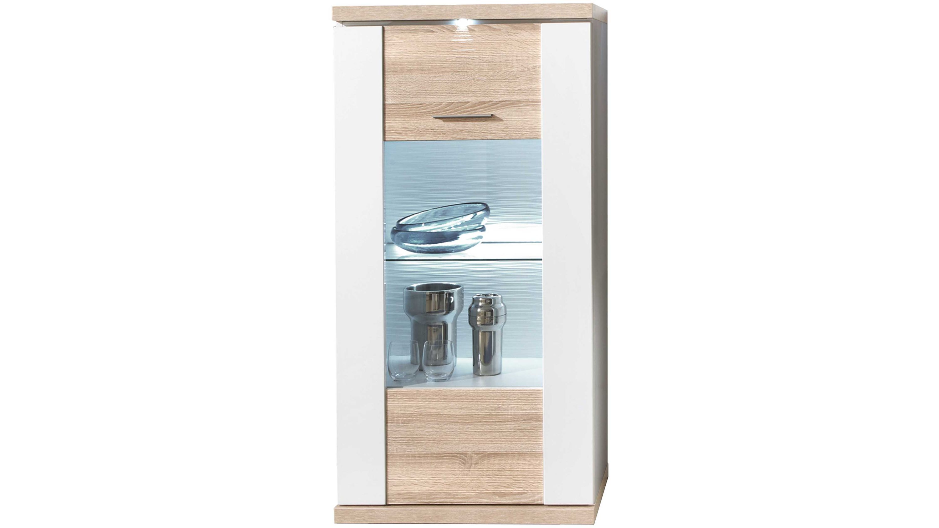Highboard-Vitrine Manhattan Weiß & Eiche sägerau  eine Tür, rechts