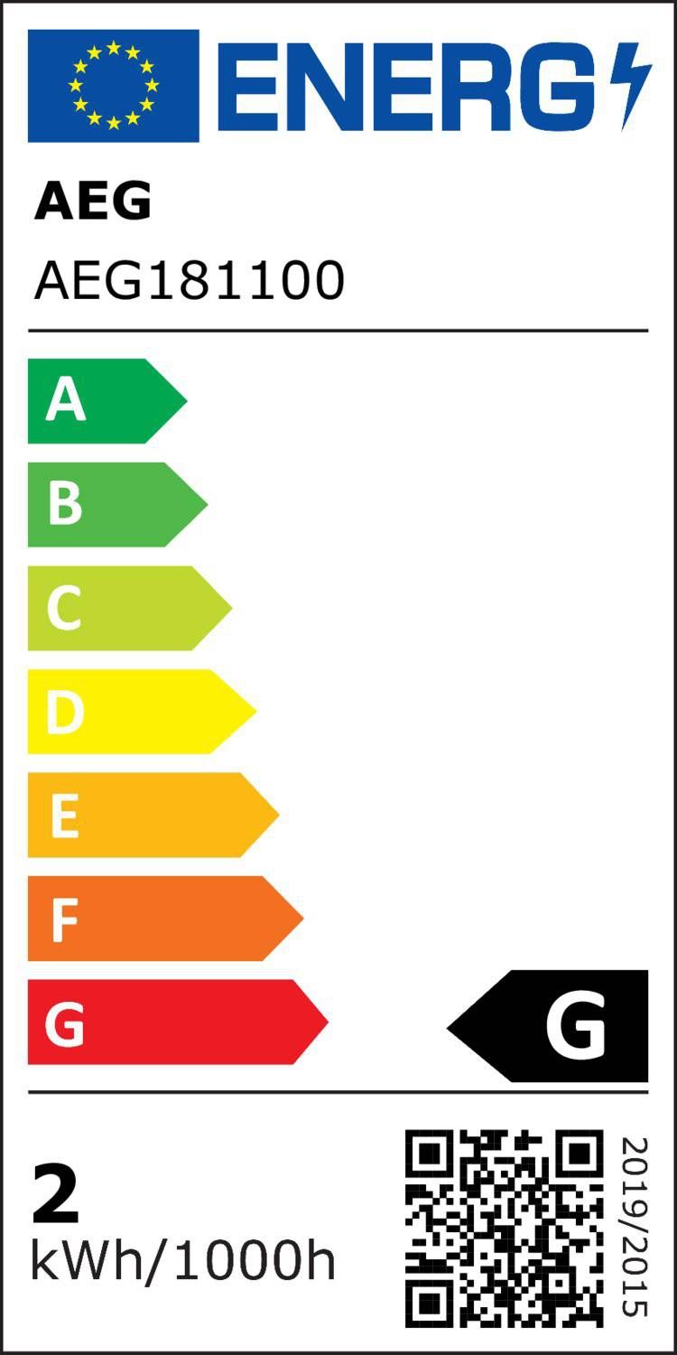 Energieeffizienzlabel der Brilliant AG Wandleuchte AEG18100 Klasse G 2?kWh/1000h Skala AG QR-Code sichtbar