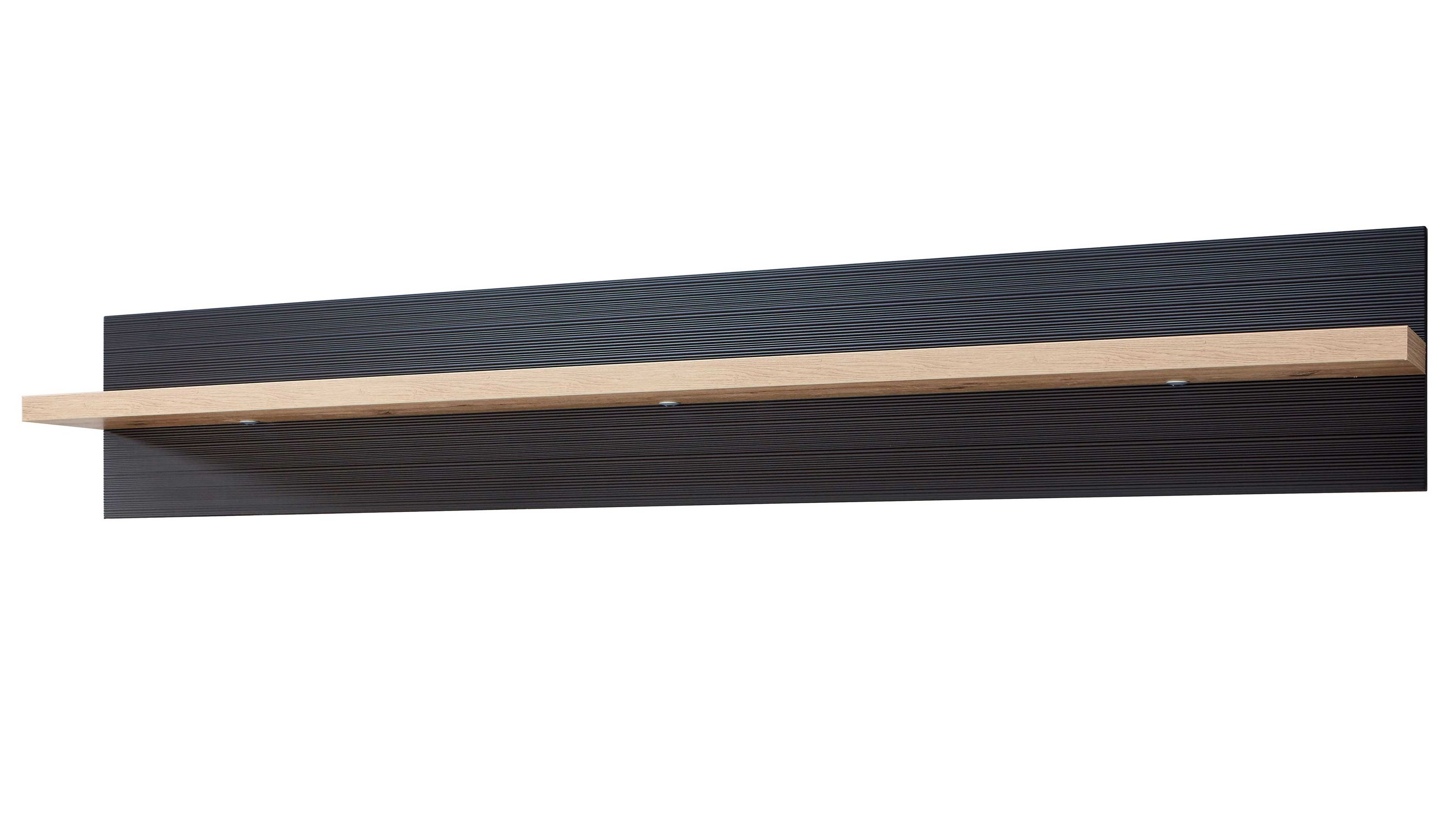 Wandregal mit grauer Rückwand und hellem Holzbrett in rechteckiger Form