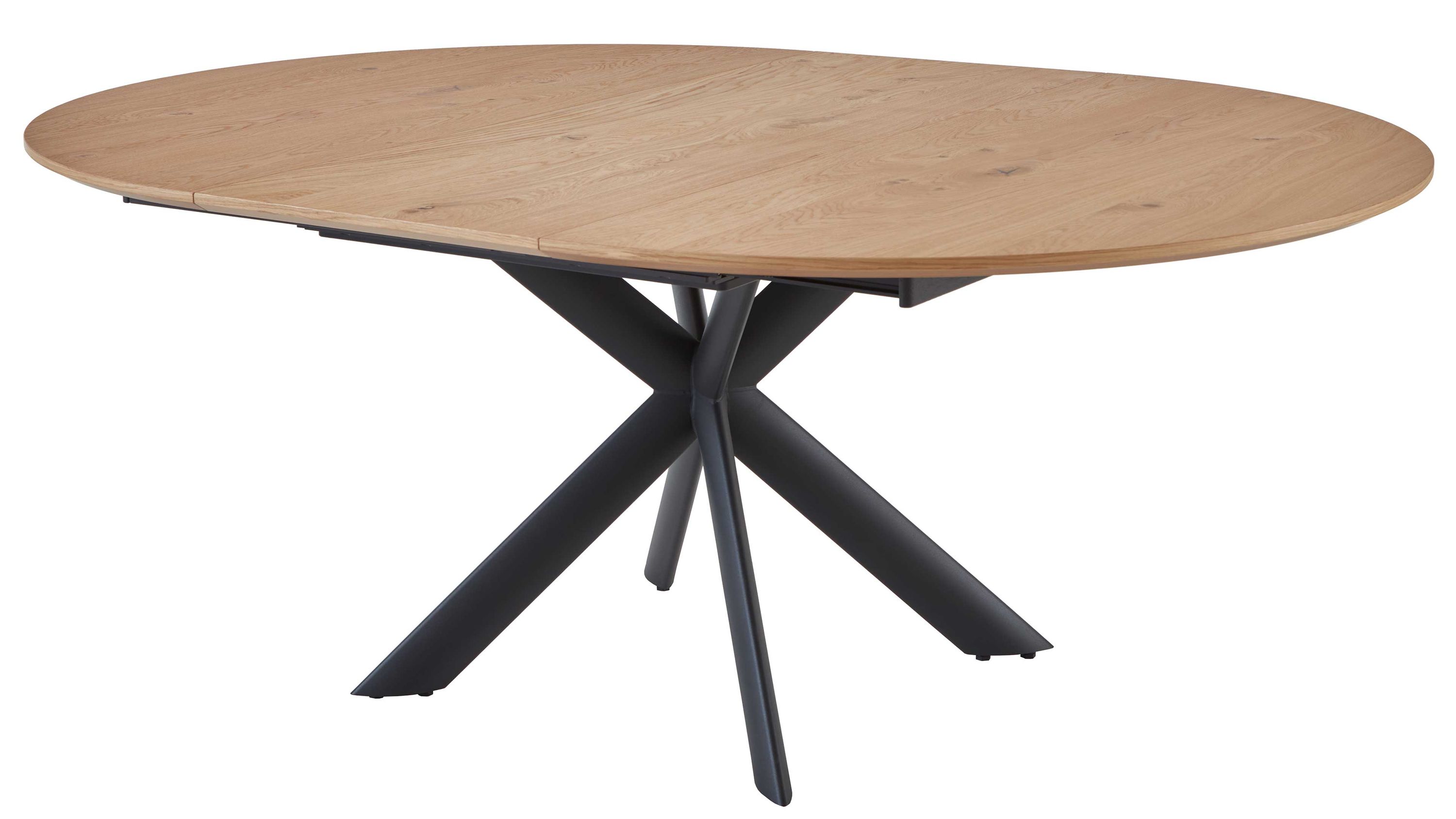 Runder Ausziehtisch mit Holzplatte und schwarzem Metallgestell Runder Ausziehtisch mit hellbrauner Holzplatte und schwarzem sternförmigem Metallgestell