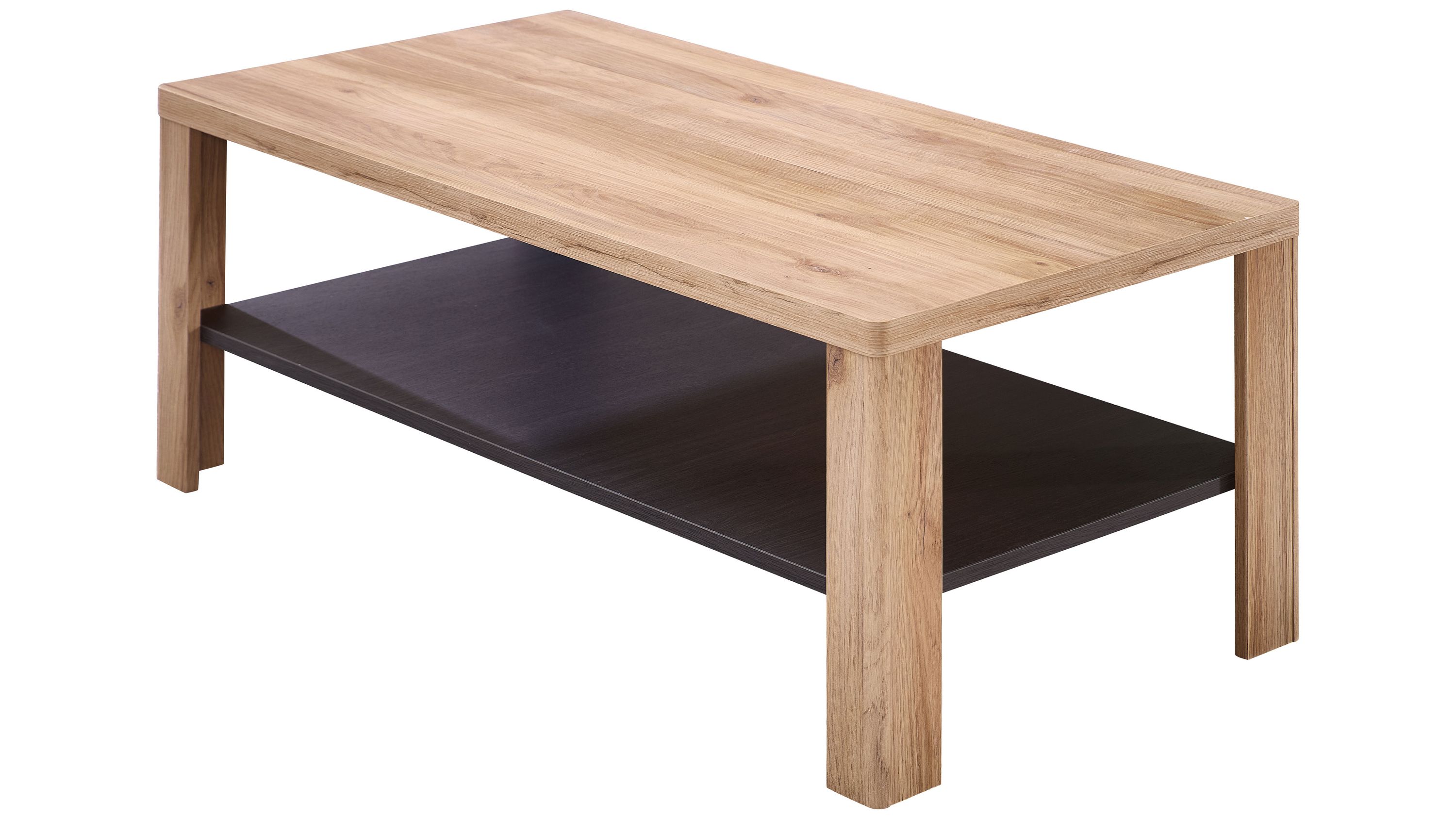 Rechteckiger Couchtisch mit Ablagefläche in Holz und dunkler Farbe Rechteckiger Couchtisch mit hellem Holzgestell und dunkler Ablagefläche darunter