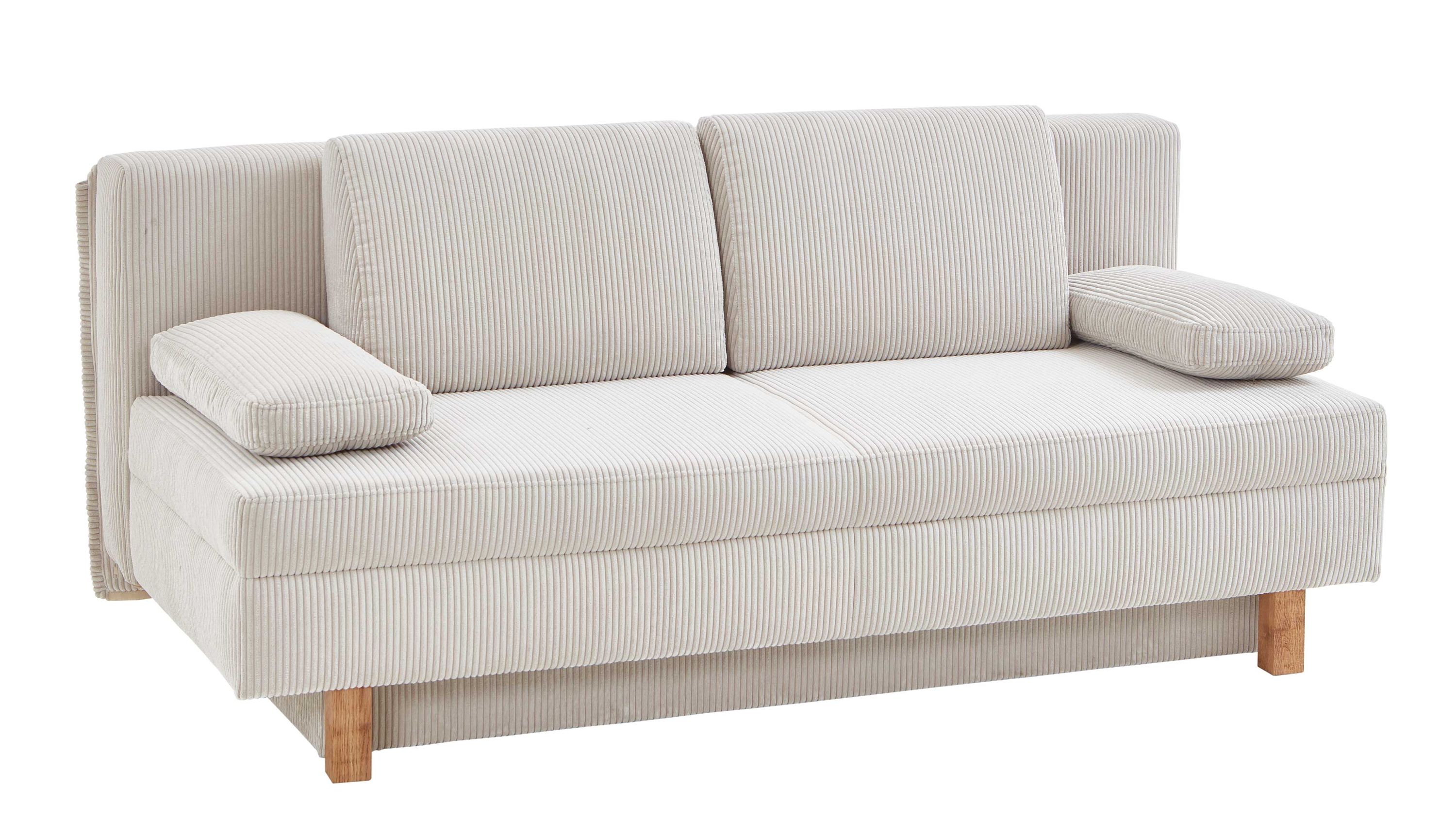 Schlafsofa mit naturfarbenem Cordbezug zwei Rückenpolstern zwei Armlehnenpolstern und Buchenholzfüßen