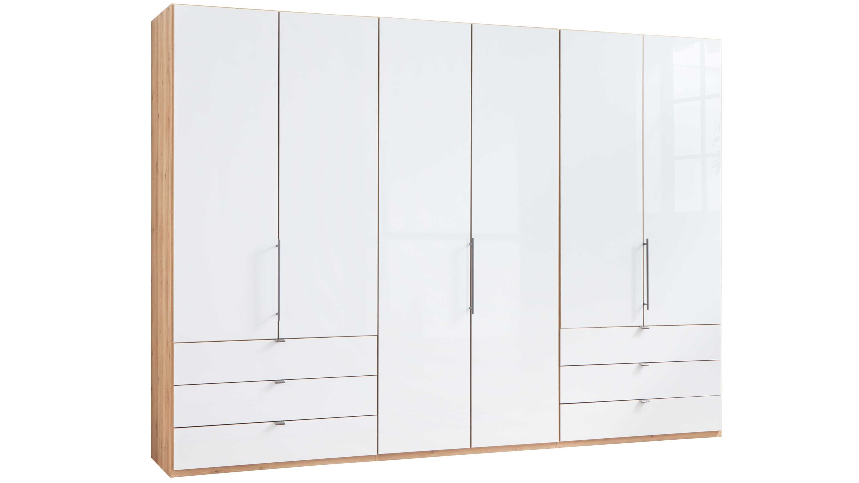 Kleiderschrank mit sechs weißen Türen und sechs Schubladen seitliche Rahmen in heller Holzoptik