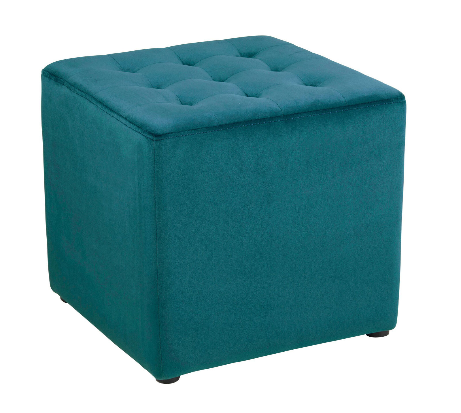 Quadratischer Hocker in Flaschengrün mit Samtbezug und gestepptem Sitz  freistehend auf weißem Hintergrund