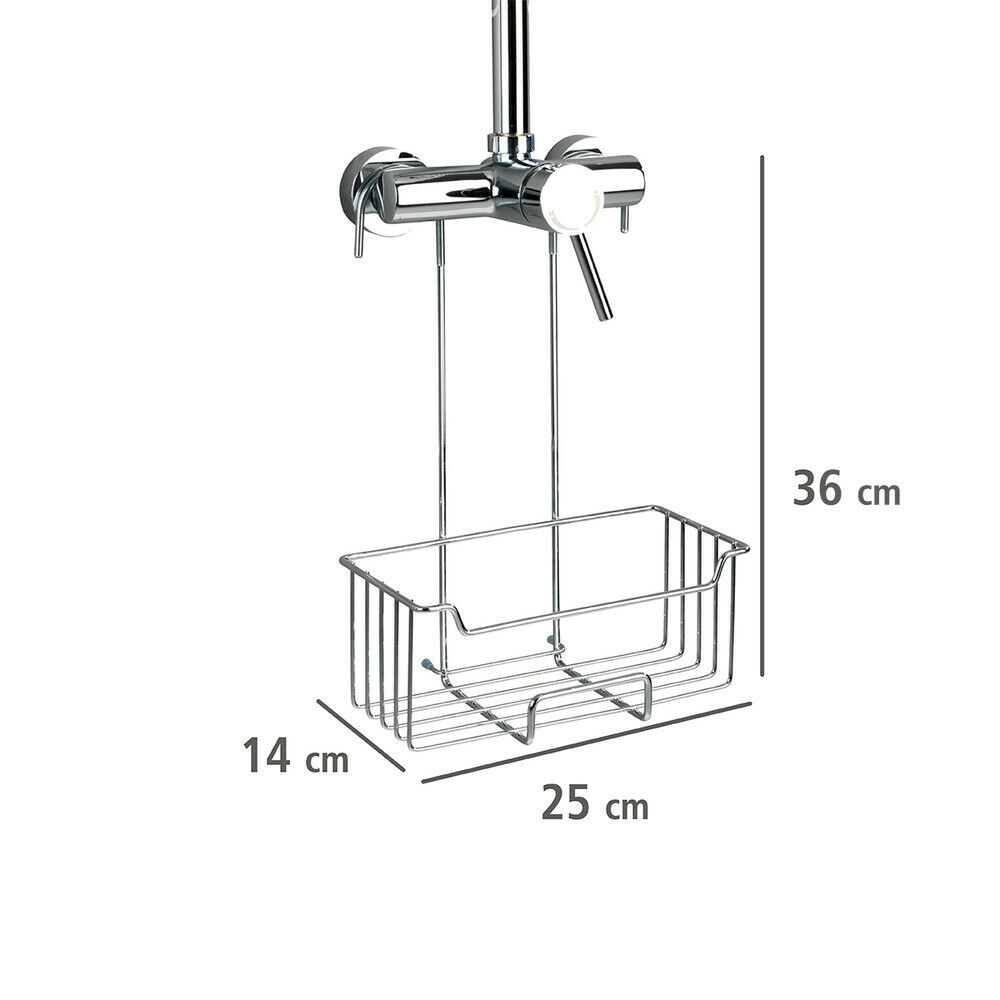 Duschkorb mit Maßangaben Duschkorb am Duschkopf, Maße: 36 cm hoch, 25 cm breit, 14 cm tief. Zur Aufbewahrung von Duschutensilien.