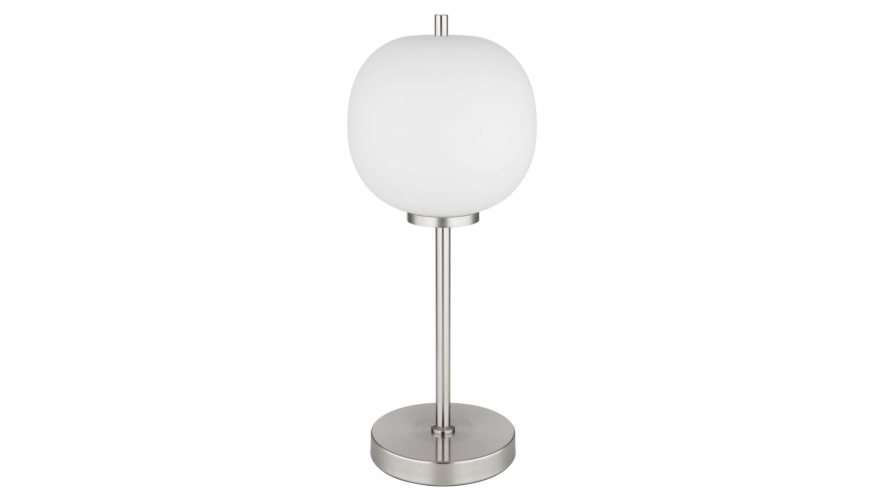 Tischlampe mit rundem weißem Lampenschirm und mattem Metallfuß