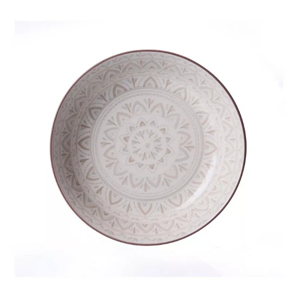 Tiefer Teller mit orientalischem Muster in Beige Frontalansicht eines tiefen Keramiktellers mit detailliertem orientalisch inspiriertem Muster in Beige auf hellem Hintergrund
