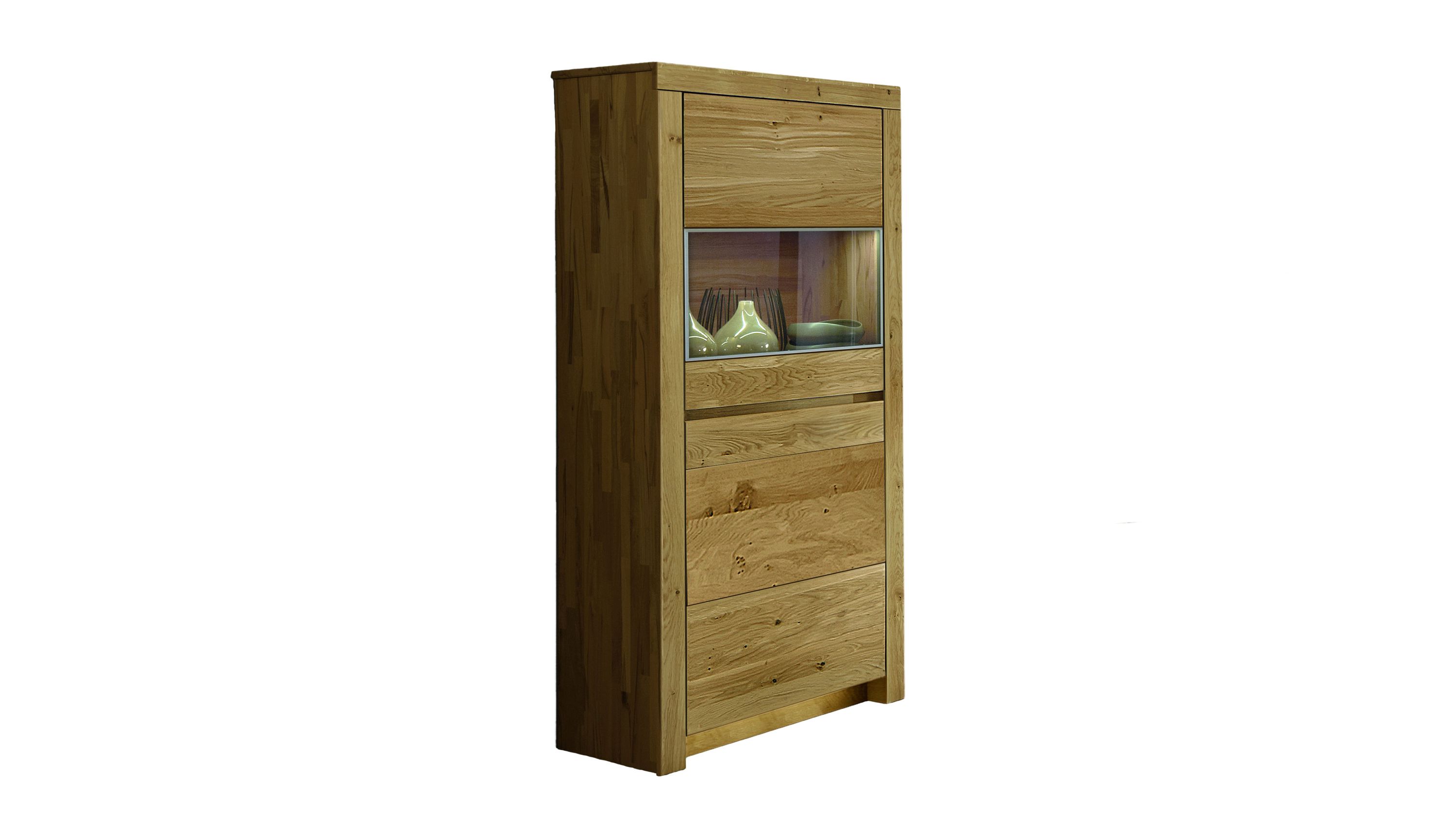 Vitrine aus hellem Holz mit Glasausschnitt und zwei Türen Hohe Vitrine aus hellem Holz mit einem Glasausschnitt und zwei Türen
