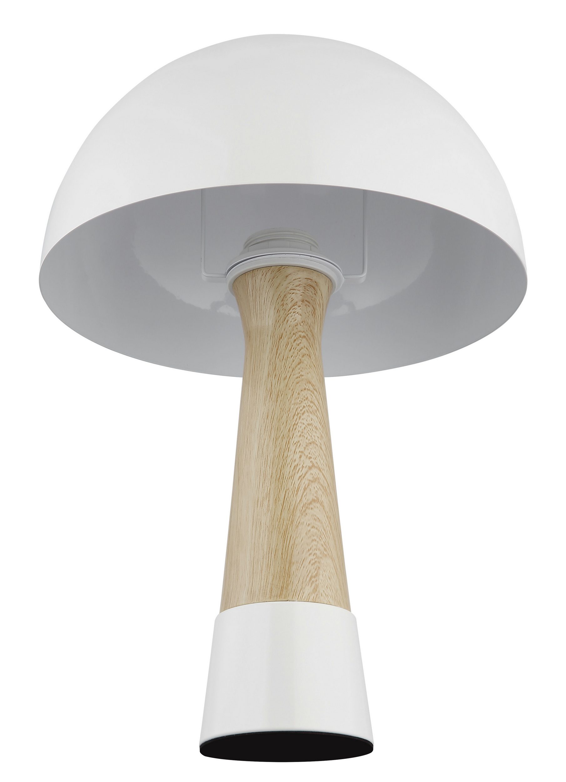Retro-Tischlampe mit weißem Schirm und Holzstange Retro-Tischleuchte mit weißem Kuppelschirm Holzstange rundem Fuß frontal schräg von unten aufgenommen