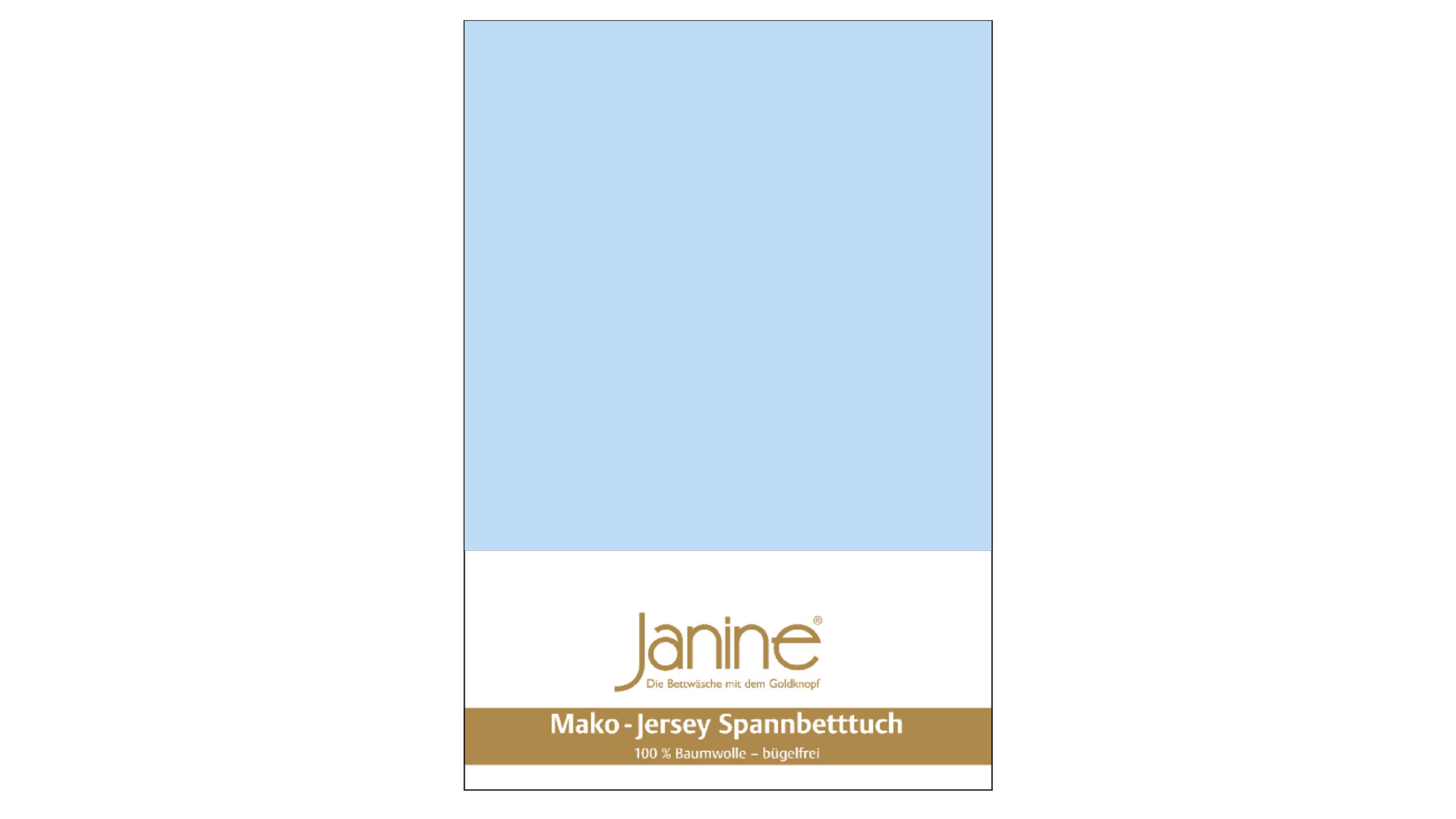Hellblaues Spannbettlaken mit weißem und goldfarbenem Etikett der Marke Janine