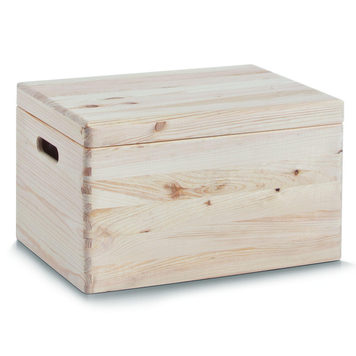 Holzkiste mit Deckel und Grifföffnungen Rechteckige Holzkiste mit Deckel und Grifföffnungen in naturfarbener Holzoptik
