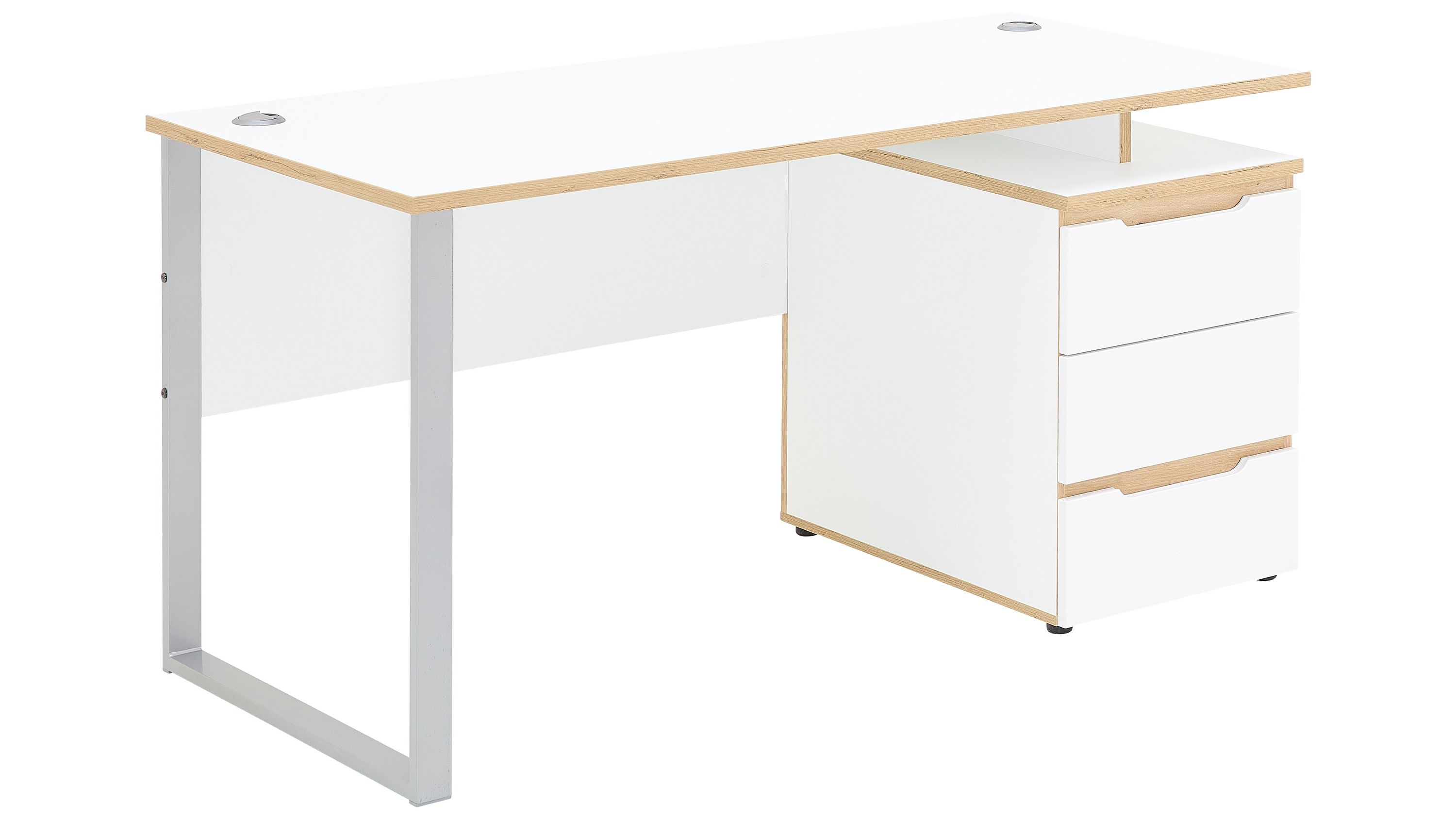 Weißer Schreibtisch mit drei Schubladen und hellen Kanten in Holzoptik