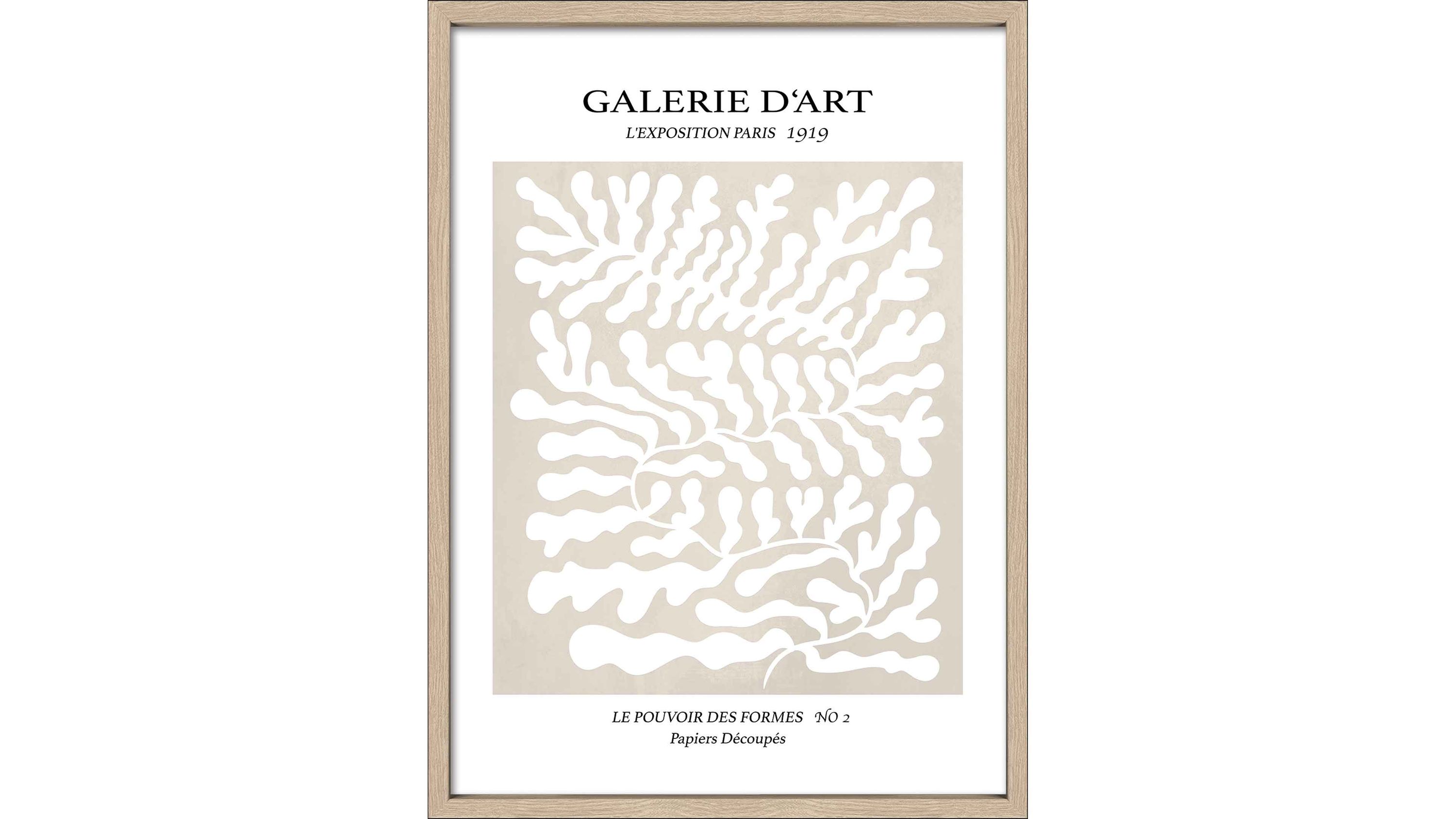 Kunstdruck mit abstraktem Muster in Beige und Weiß in einem hellen Holzrahmen
