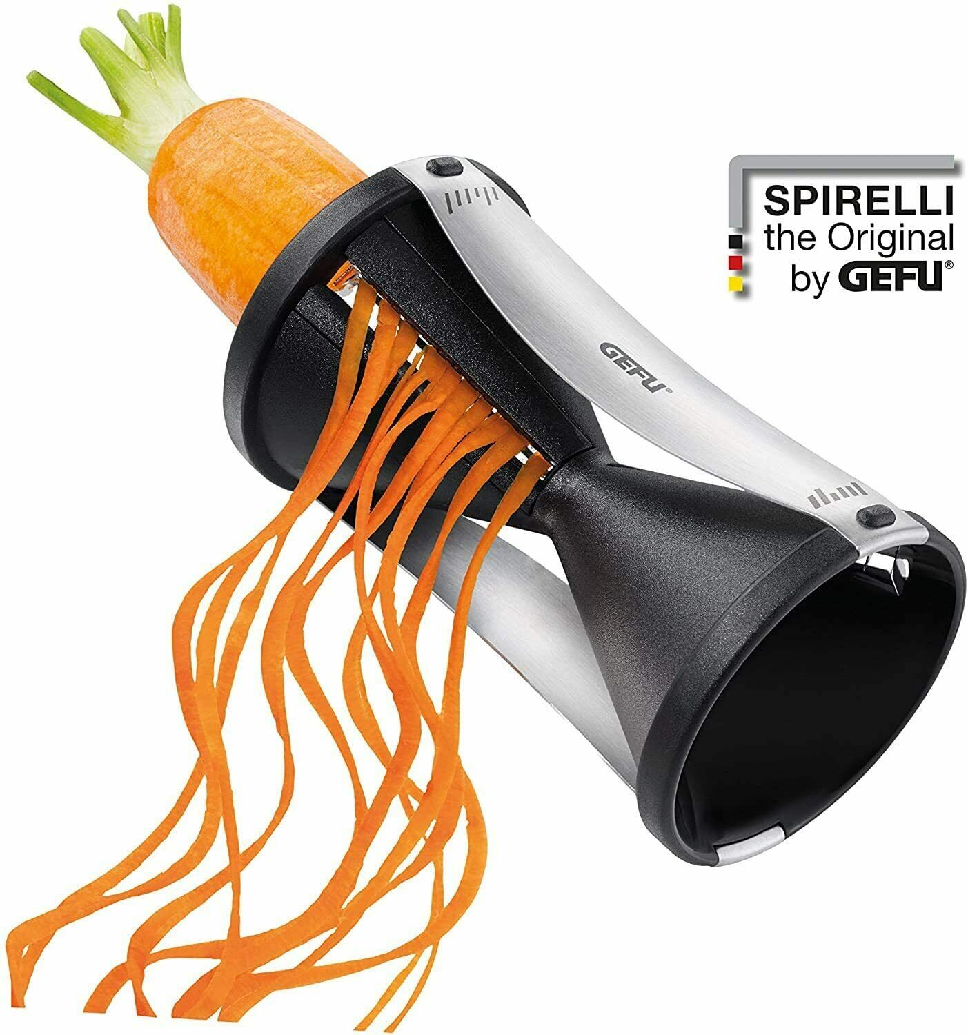 Spiralschneider Schwarz-Silber mit Karotte gleichmäßige Gemüsespiralen Produktlogo im Hintergrund sichtbar