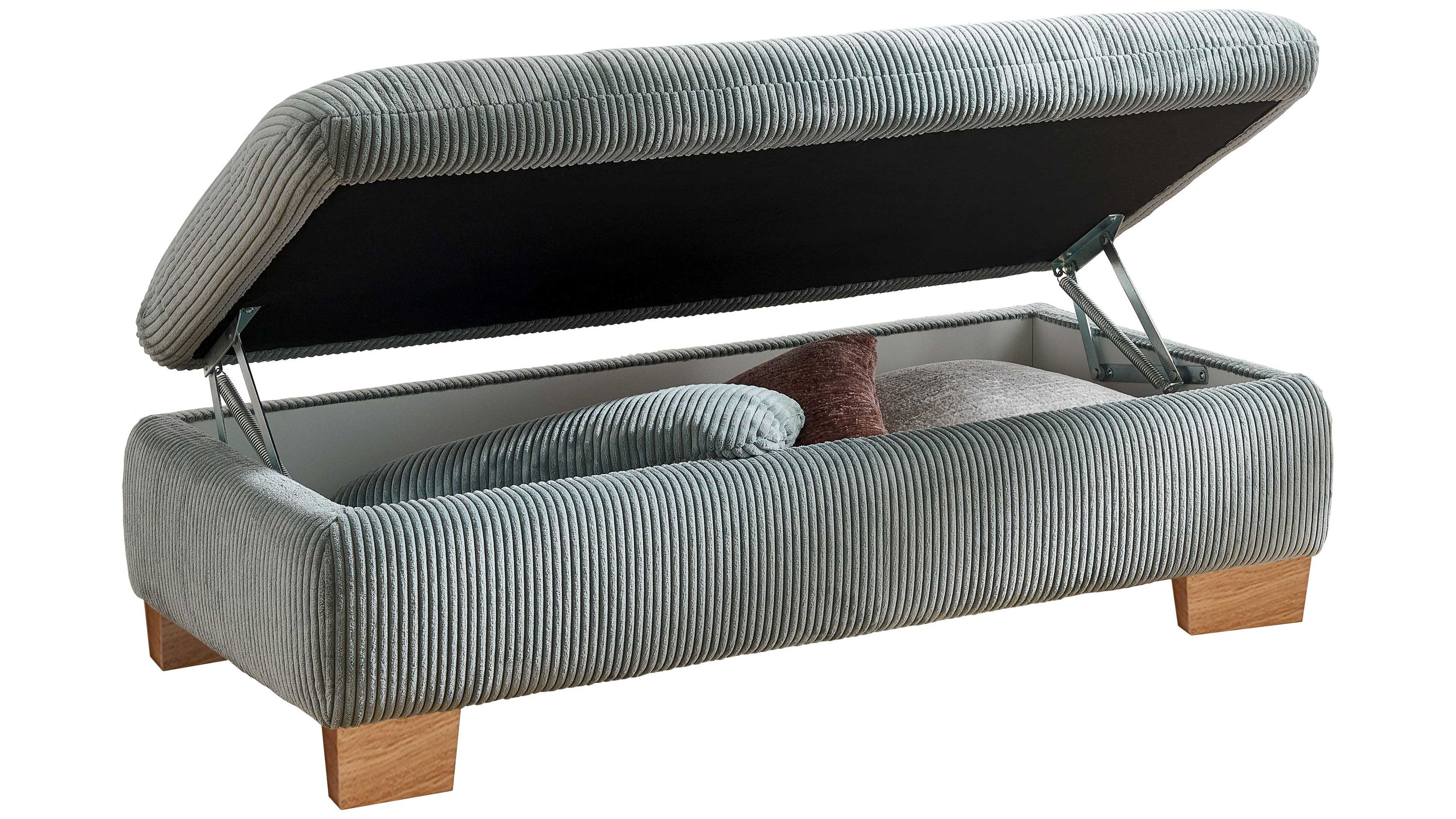 Rechteckiger Hocker mit aufklappbarem Deckel aquafarbener Cordbezug und Holzfüßen Innenraum mit Kissen