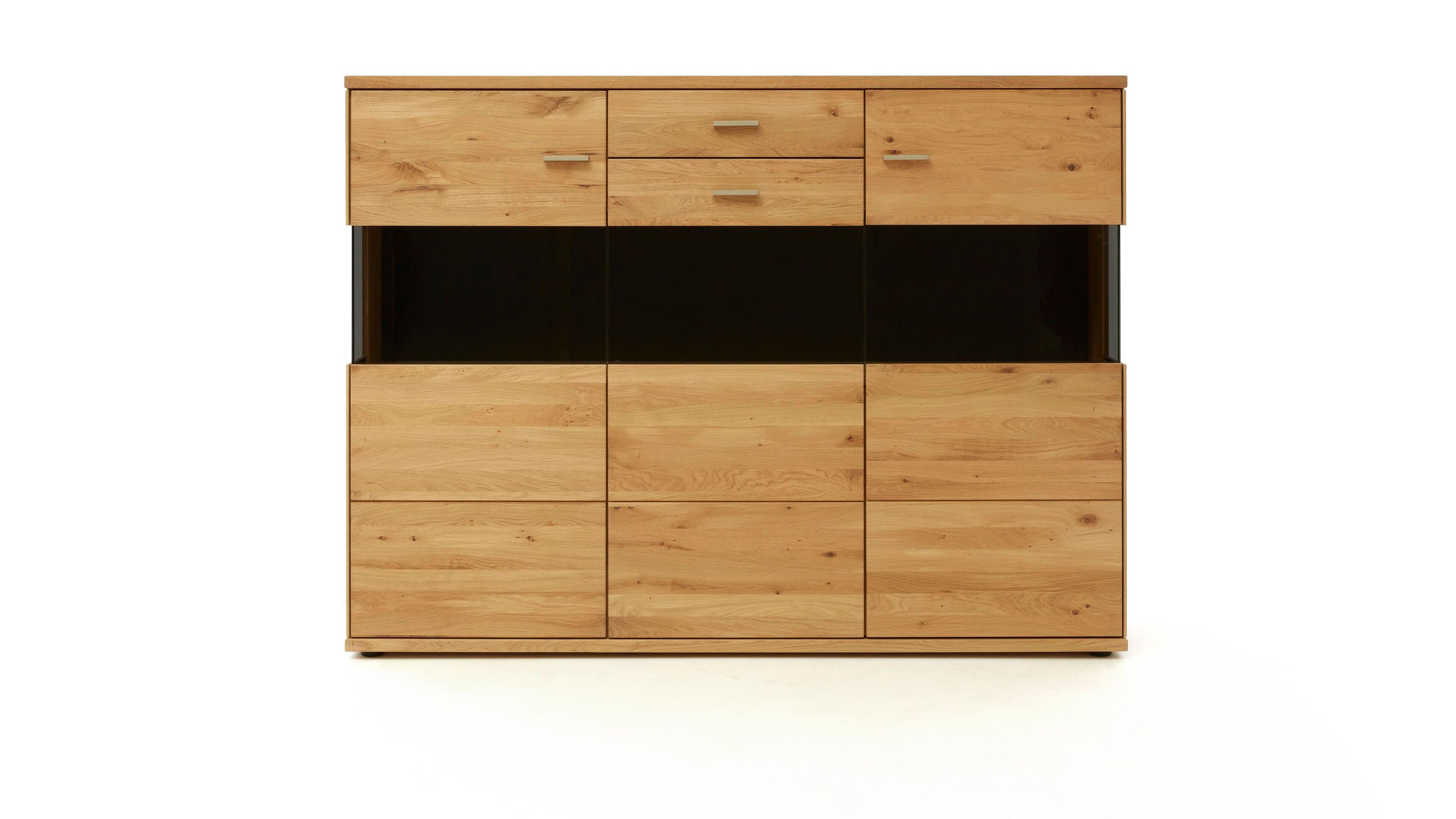 Highboard mit drei Türen einer Schublade und mittlerem Fach mit dunklem Glasfront in biancofarbener Holzoptik