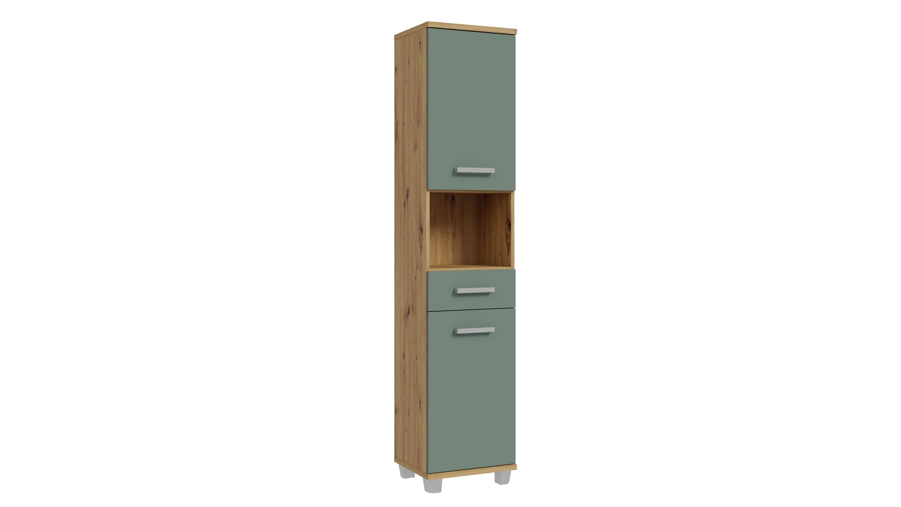 Hochschrank mit Türen und offenem Fach in grün und Holzoptik Hochschrank mit drei Fächern und zwei Türen in grün und holzfarben