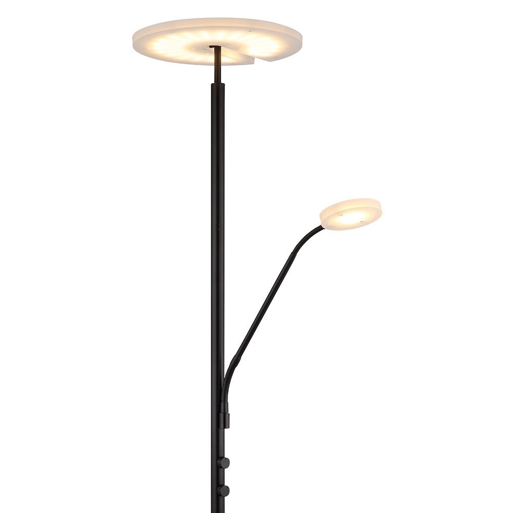 Schwarz  mit rundem LED-Hauptlicht und zusätzlichem  verstellbarem Lesearm mit kleiner LED-Leuchte  aufgenommen frontal
