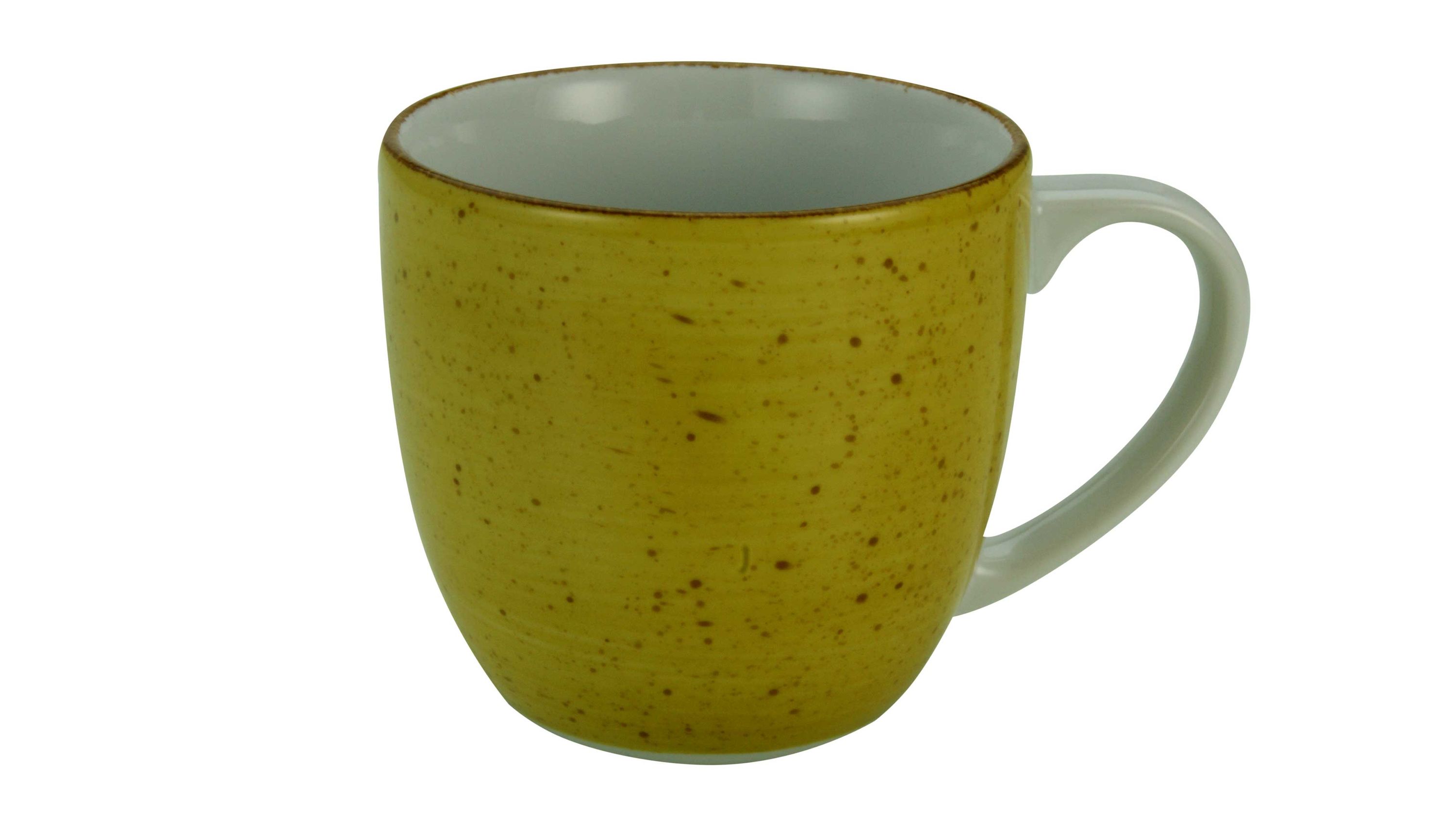 Kaffeebecher curryfarben mit Henkel Kaffeebecher mit rundem Körper und Henkel außen curryfarben mit dunklen Sprenkeln innen weiß