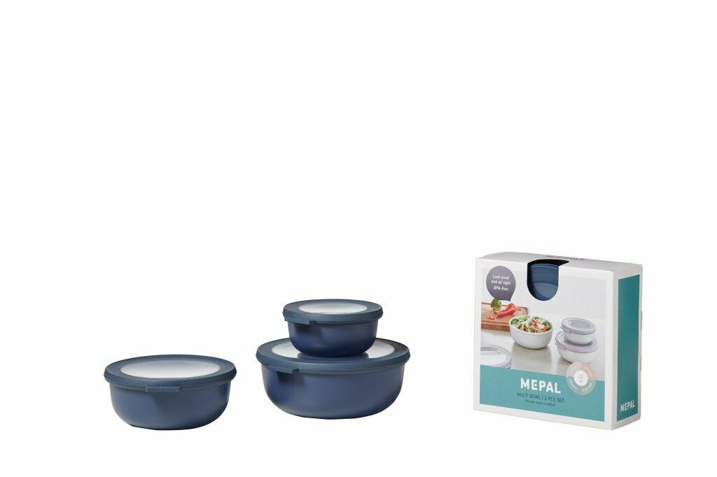 Dreiteiliges Mepal Multischüssel-Set in Dunkelblau mit transparenten Deckeln  daneben farbige Produktverpackung