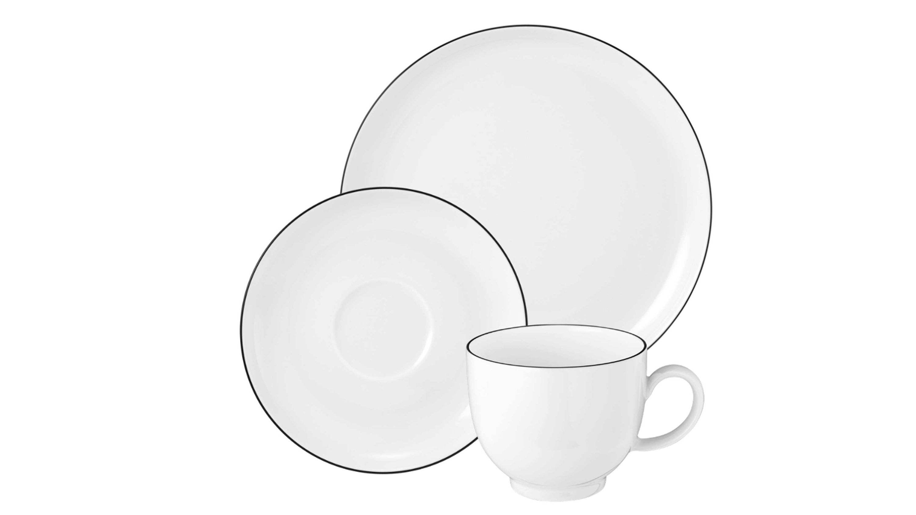 Weißes Kaffeeservice mit Tasse Untertasse und Teller mit feinem schwarzem Rand