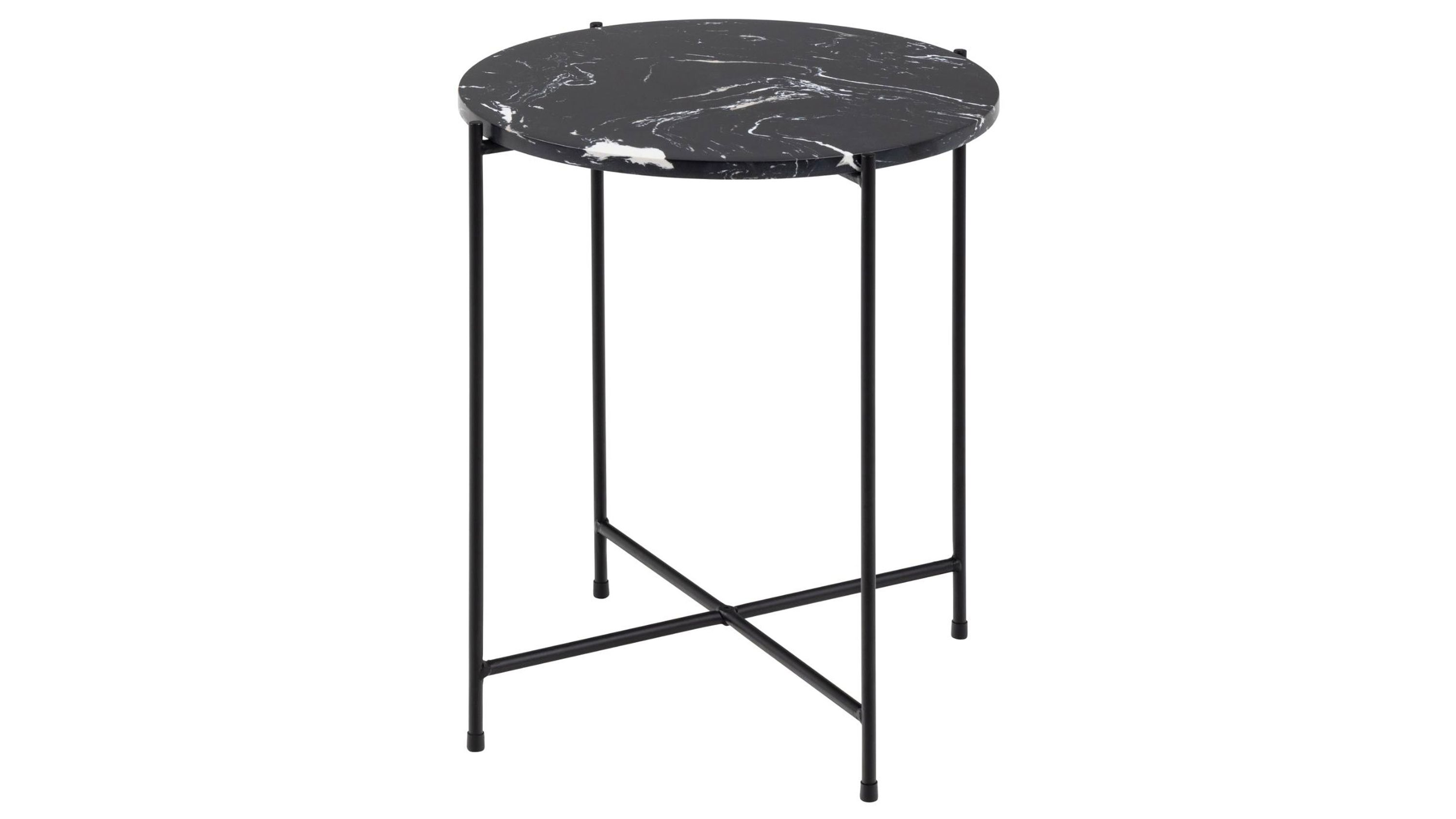 Runder Beistelltisch mit schwarzer Marmoroptik Tischplatte und schwarzem Metallgestell